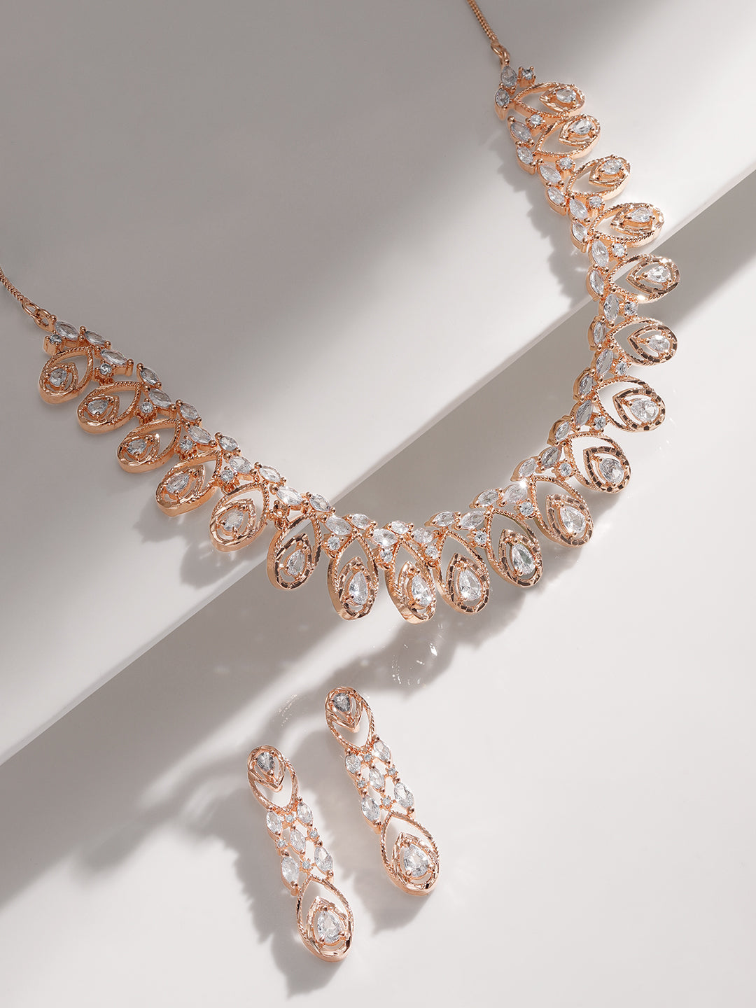 Wentra Zircon Studded Handcrafted Rose Gold Plated Statement Necklace Set