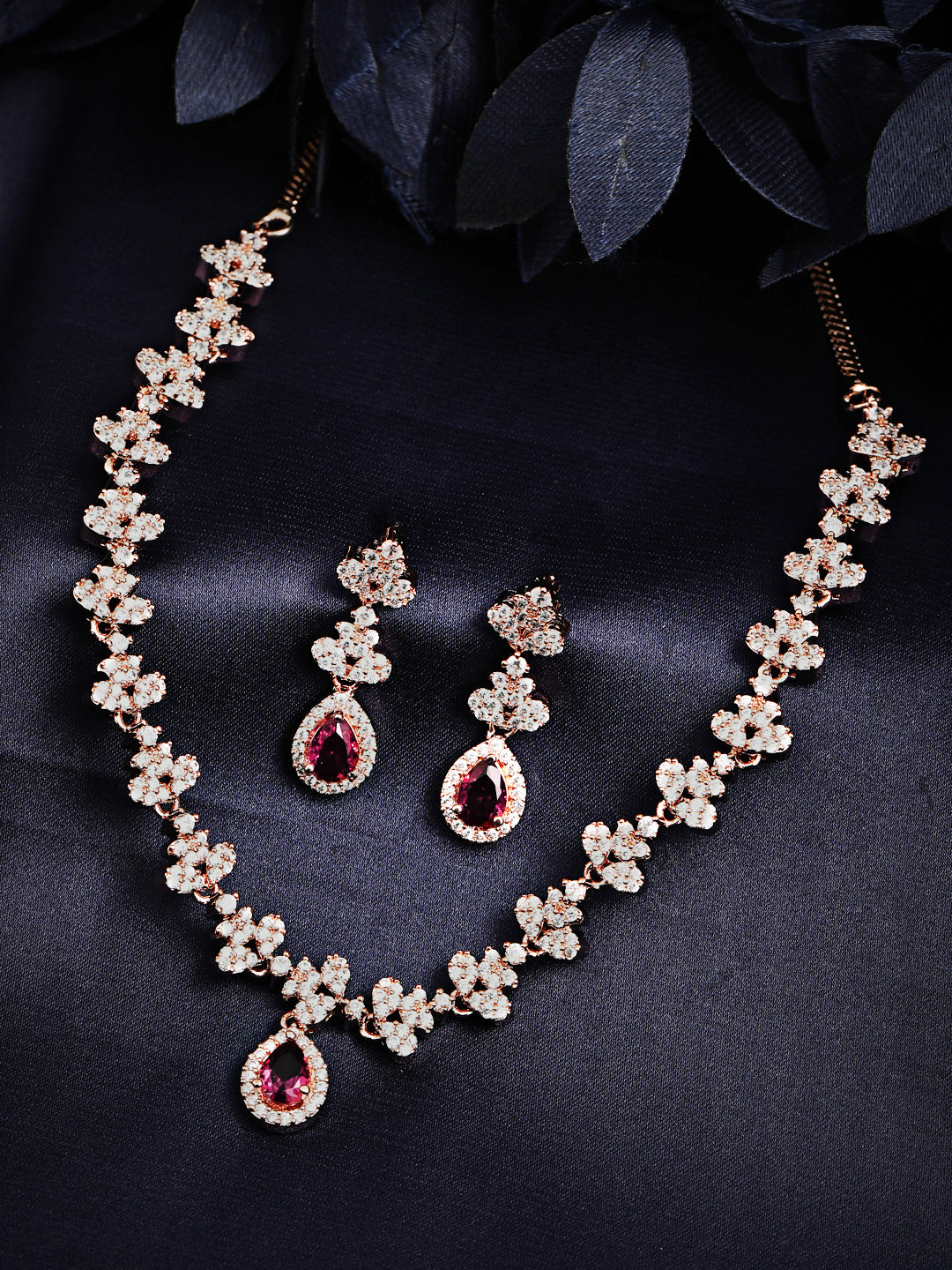 Wentra 22K Rose Gold-Plated Ruby Pink & White Cubic Zirconia Studded Necklace Set with Earrings