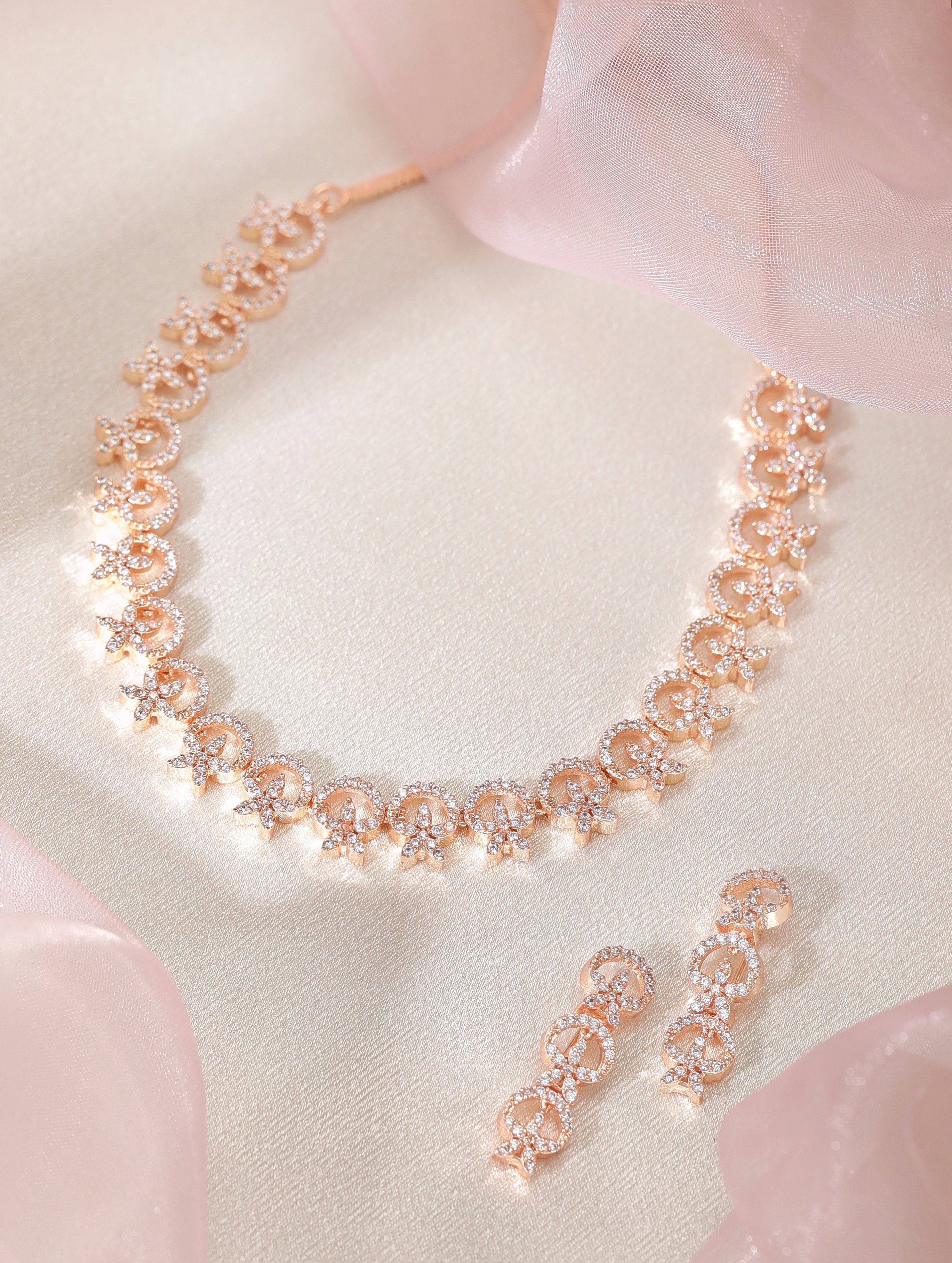 Wentra Contemporary Rose Gold Toned Necklace Set in CZ Stone