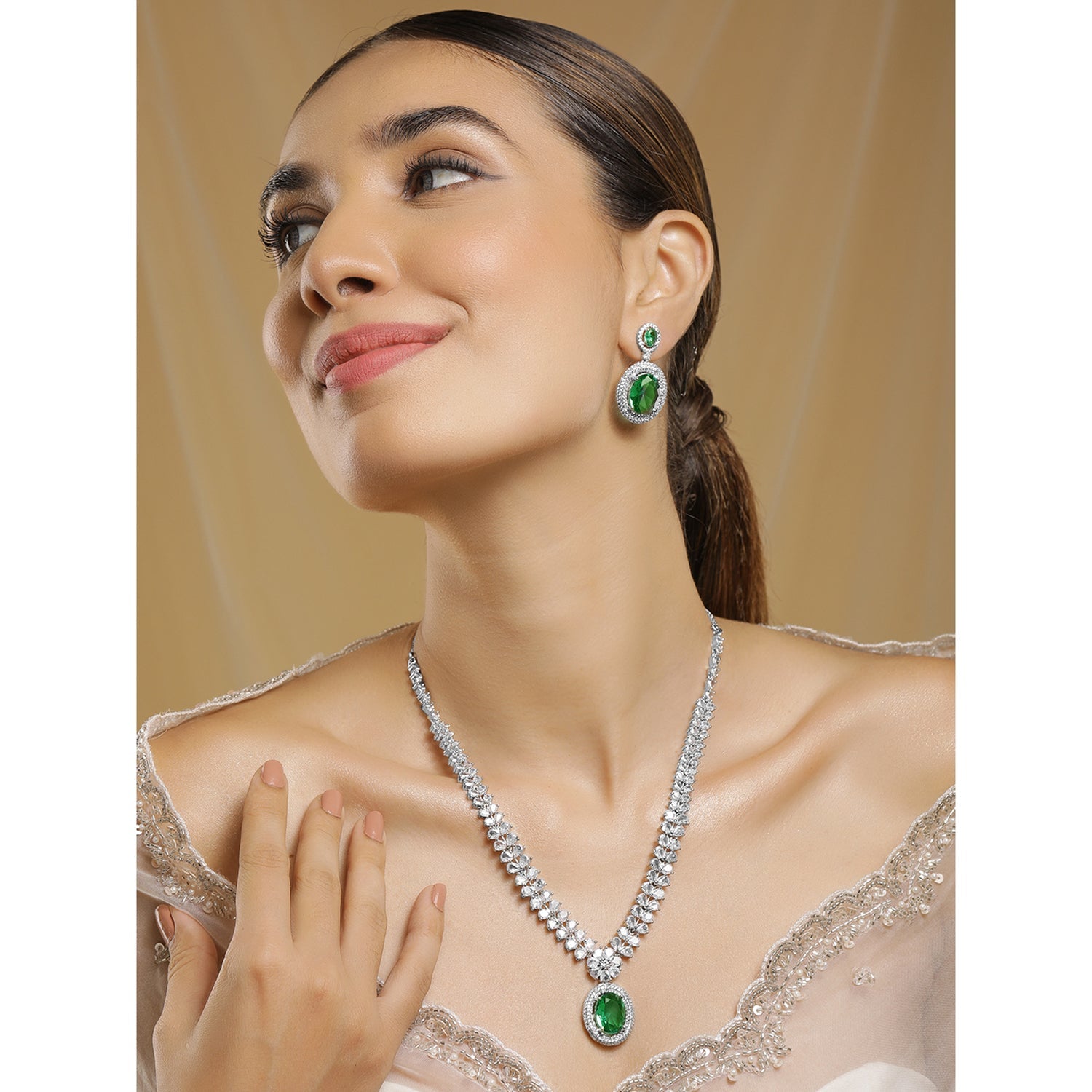 Emerald Necklace Set with American Diamond Zirconia
