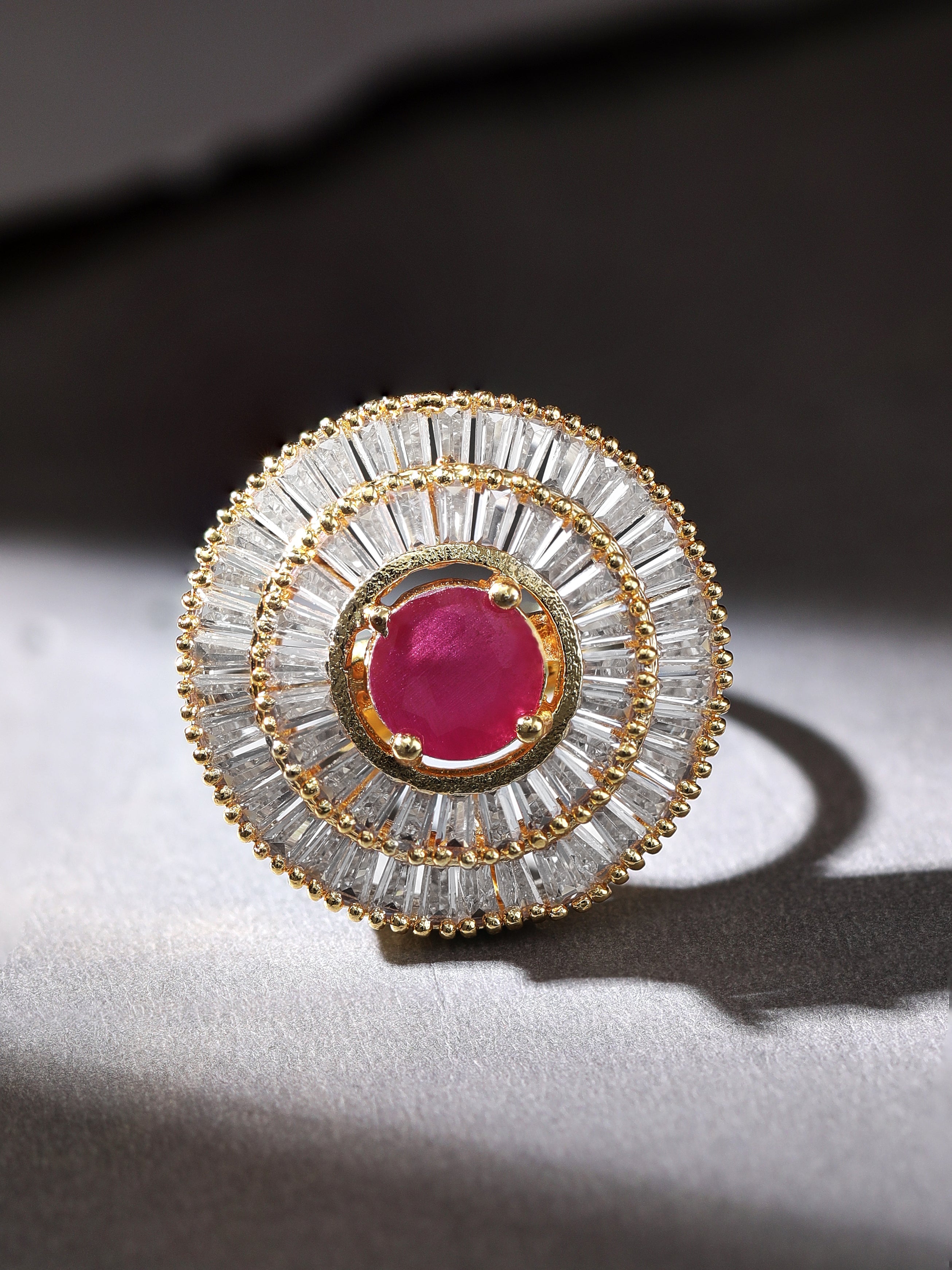 Wentra 22K Gold Plated Ruby Pink & White American Diamond Studded Adjustable Finger Ring