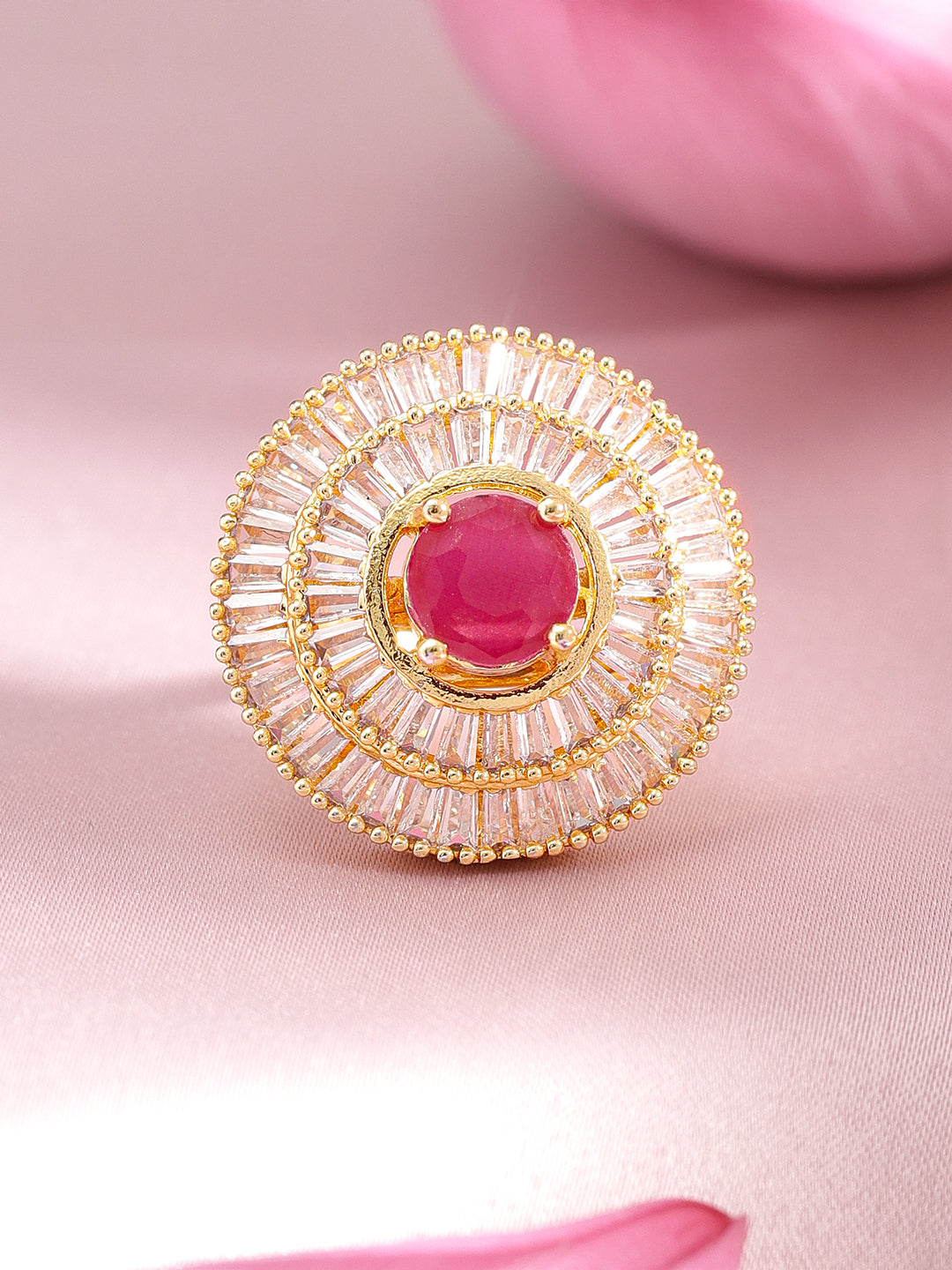 Wentra 22K Gold Plated Ruby Pink & White American Diamond Studded Adjustable Finger Ring