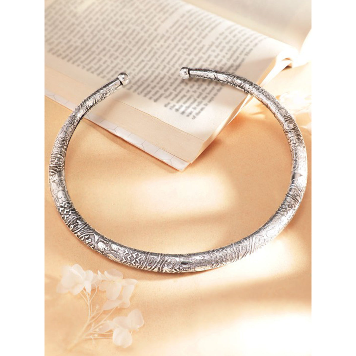 Wentra Oxidized Silver Plated Floral and Geometric Design Statement Choker Necklace