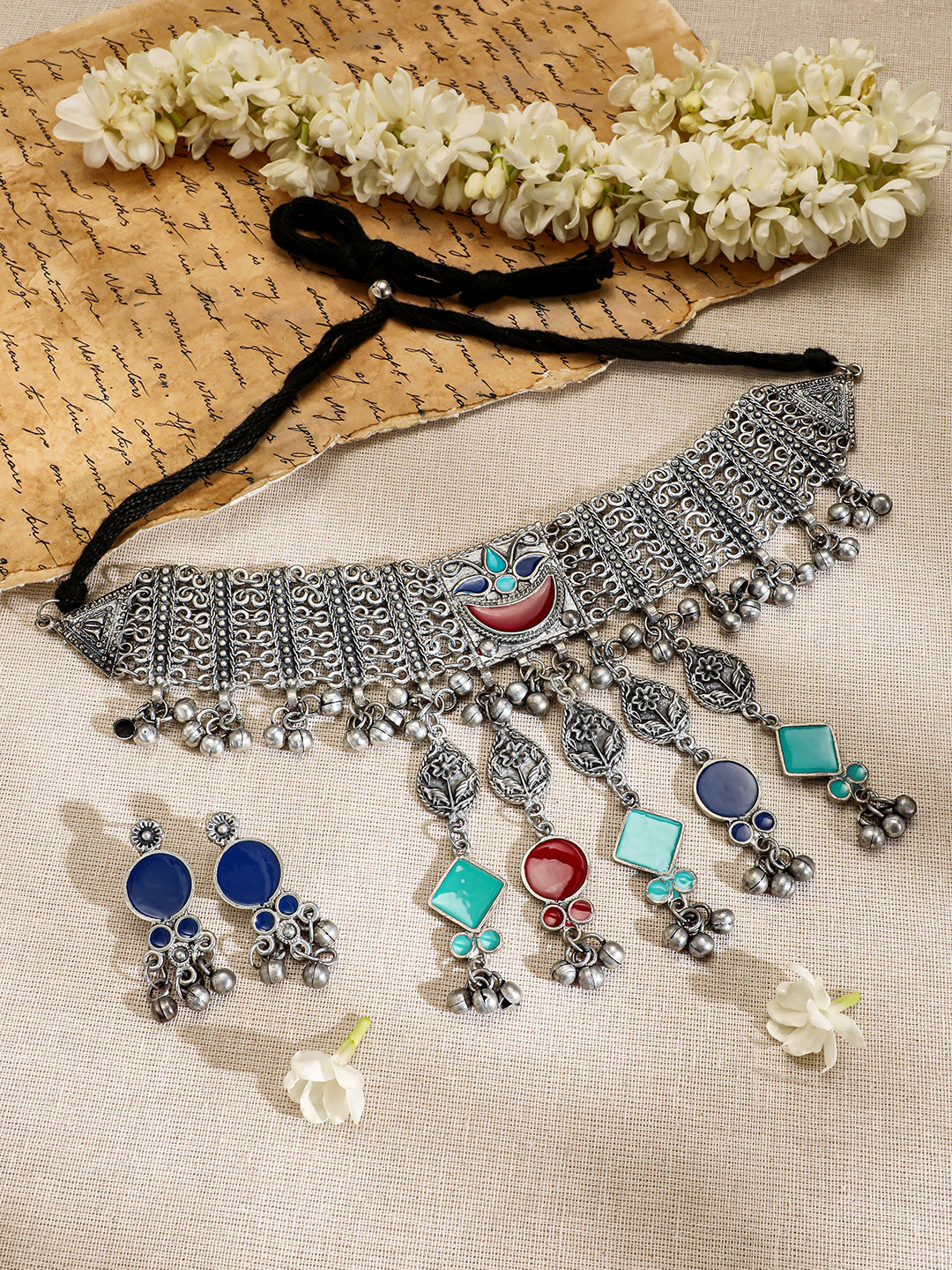 Multicolor Floral Drop Choker Set