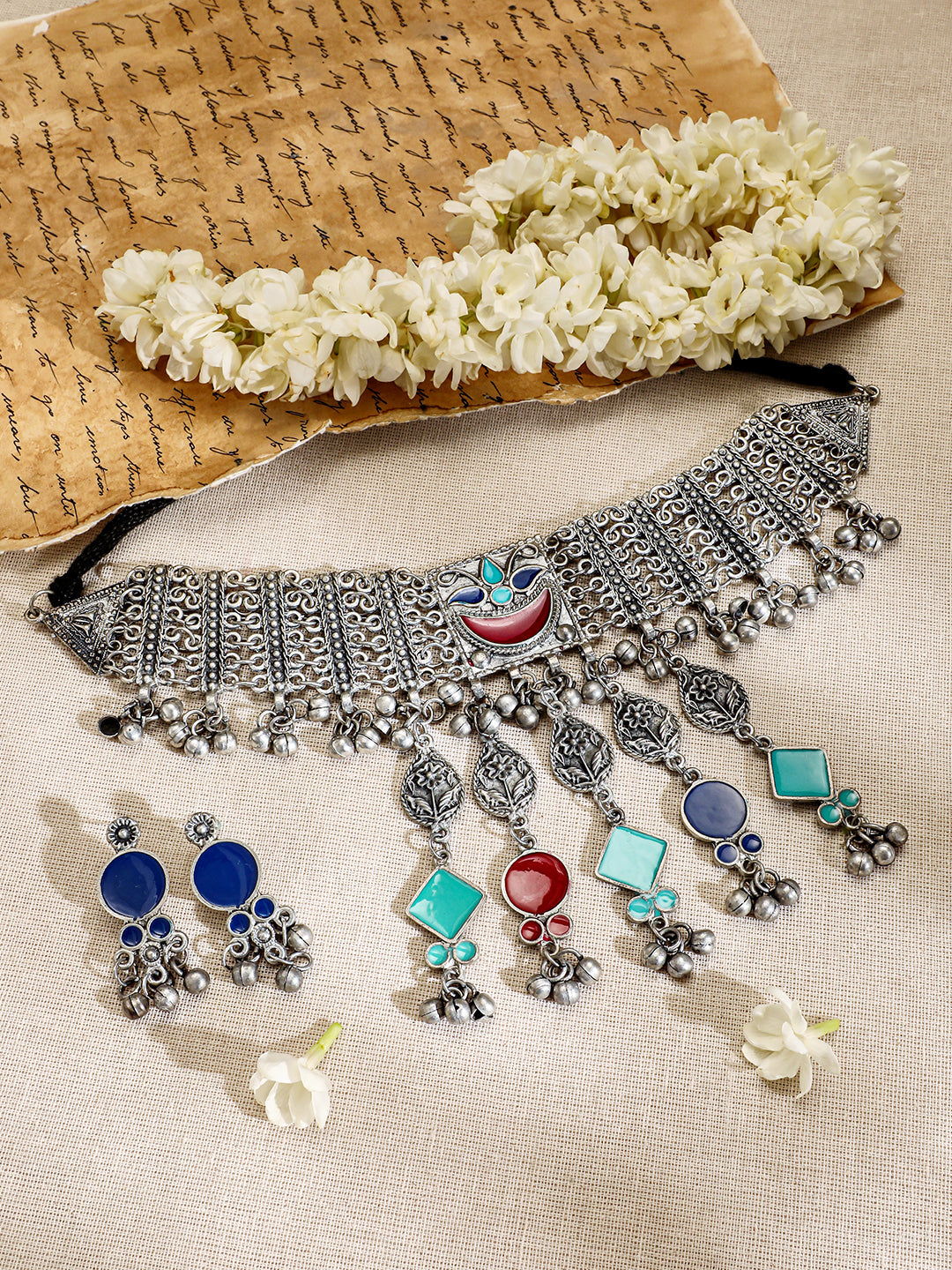 Multicolor Floral Drop Choker Set