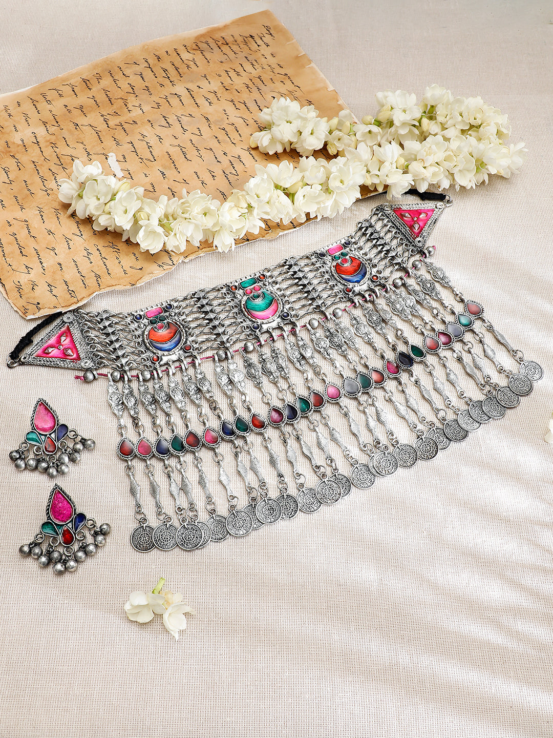 Multicolor Oxidised Afghani Necklace Set