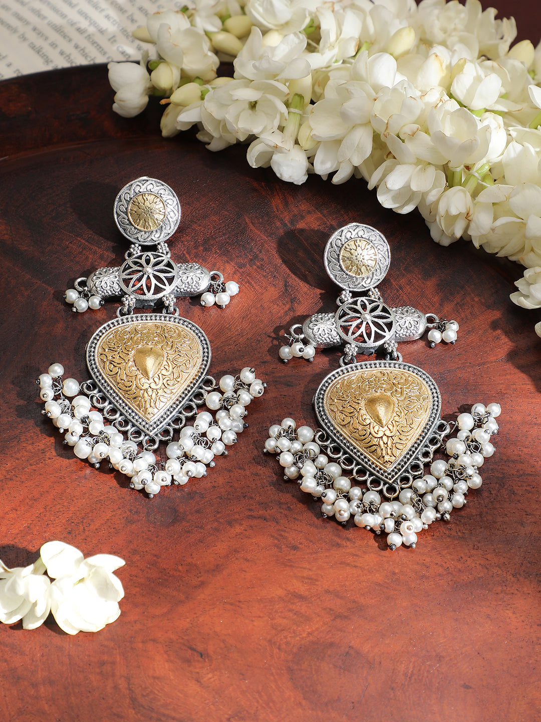 Tribal Glam Dual Tone Pearls Danglers