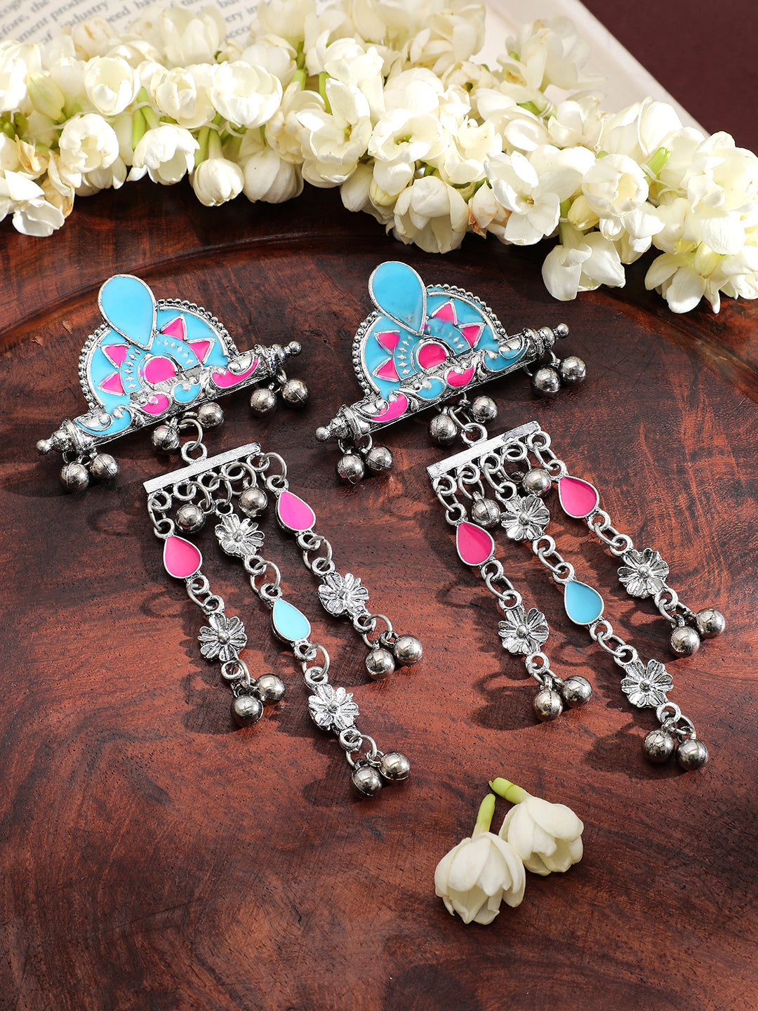 Pink-Blue Festive Cascading Dangle Earrings
