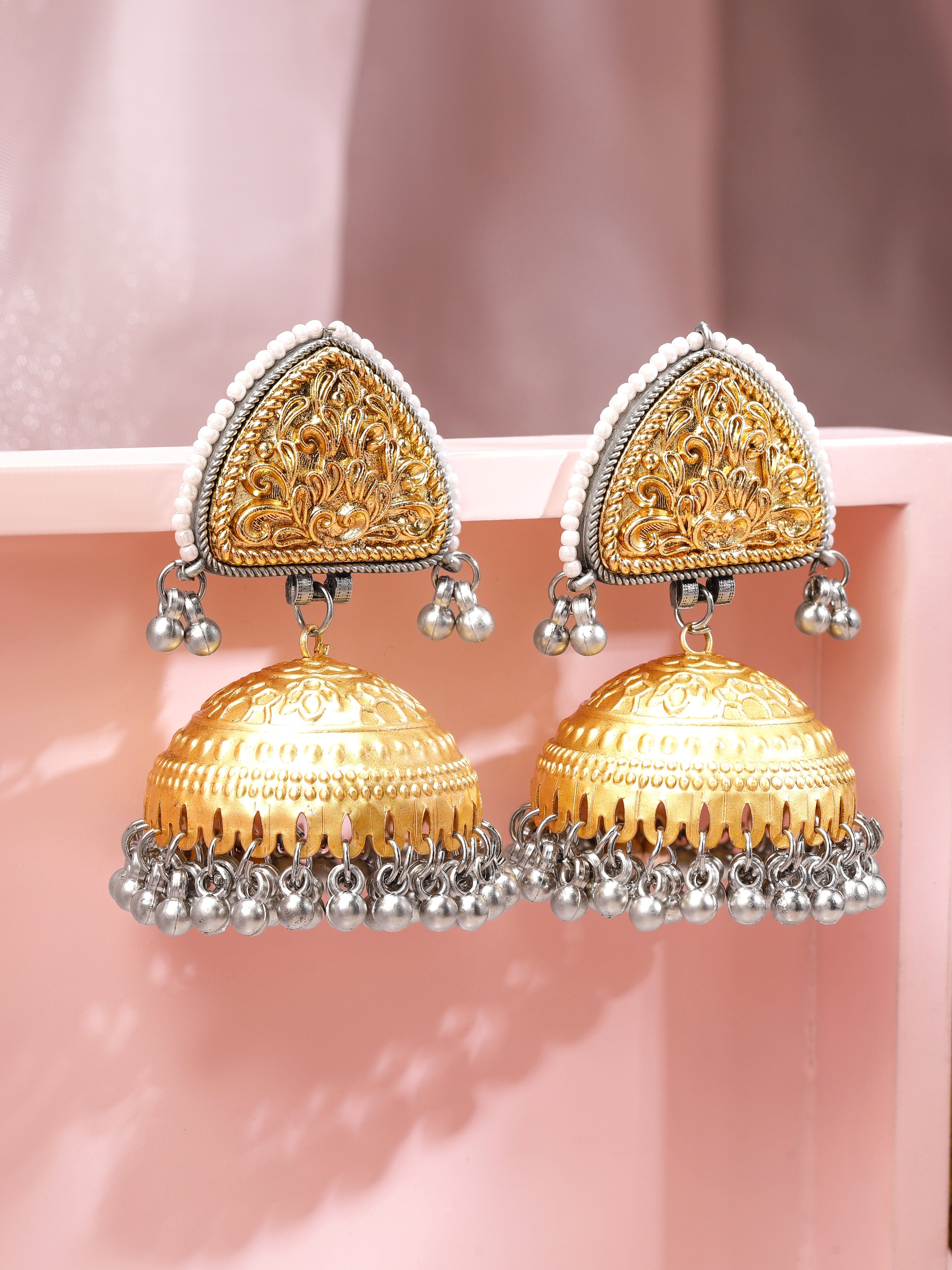 Luxurious Antique Gold Oxidised Jhumka
