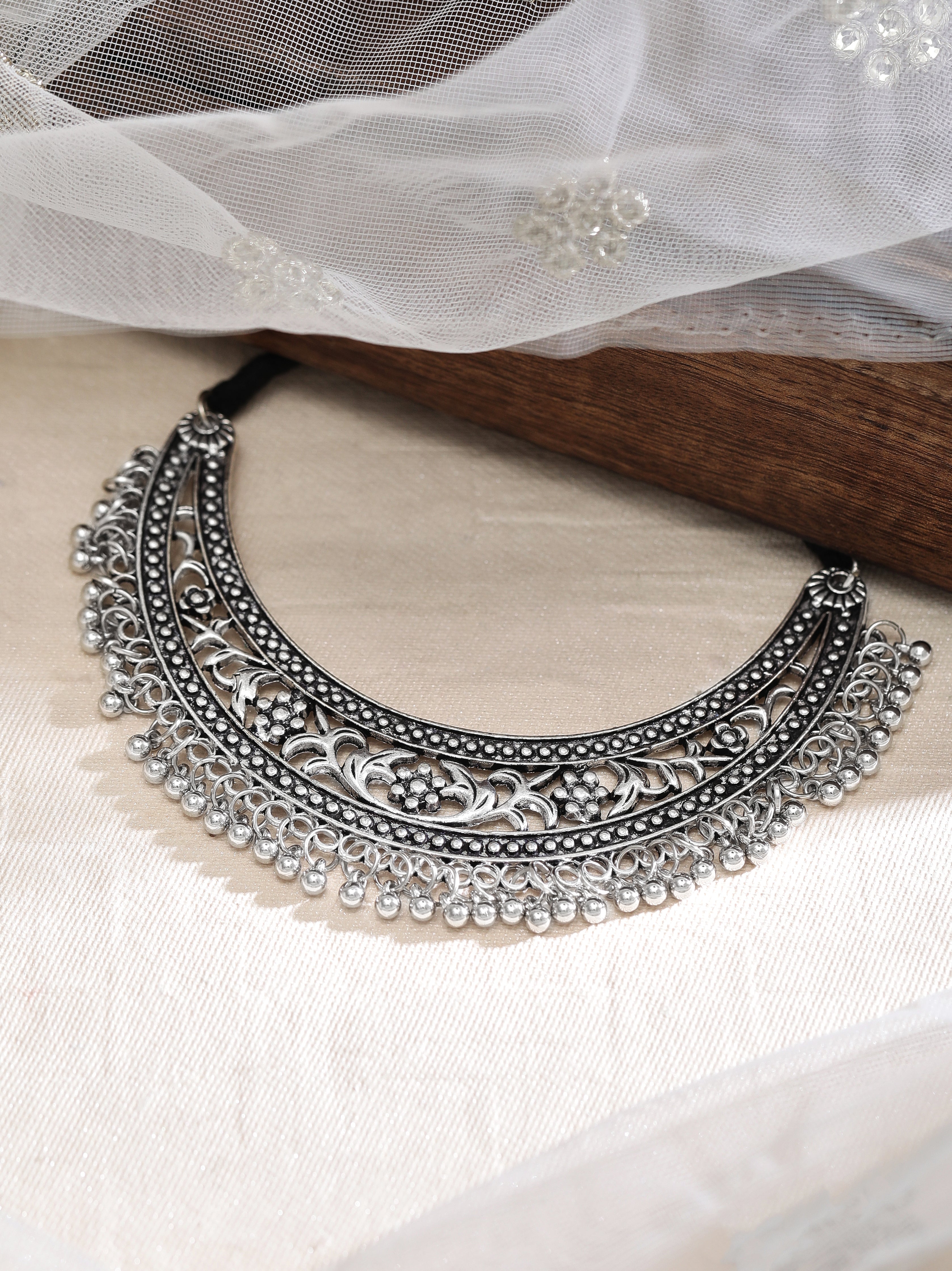 Wentra Oxidised Silver Plated Handcrafted Filligree Necklace