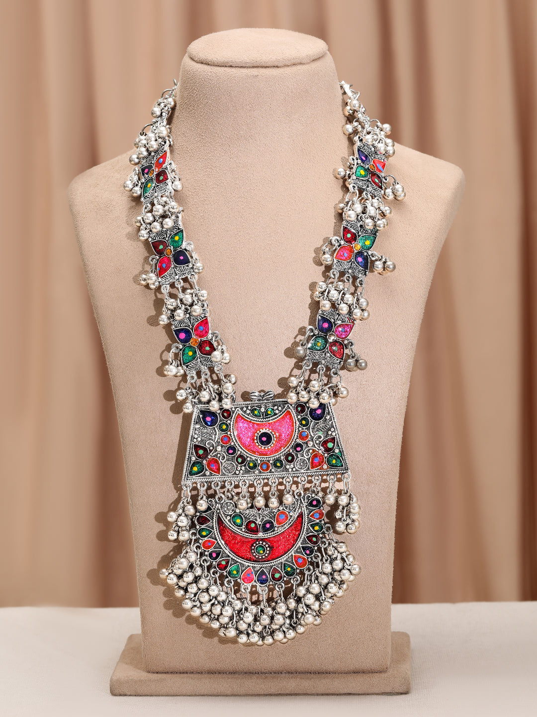 Multicolor Studded Silver Beads Oxidised Necklace
