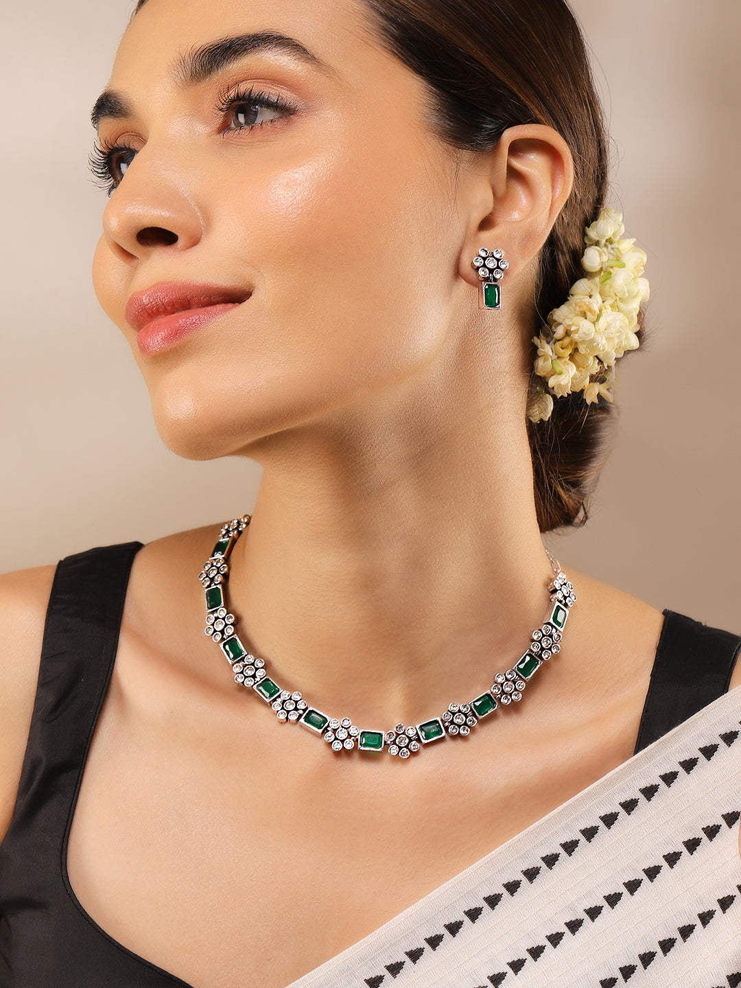 Wentra Oxidised Silver Plated Handcrafted Green Stone Floral Necklace Set
