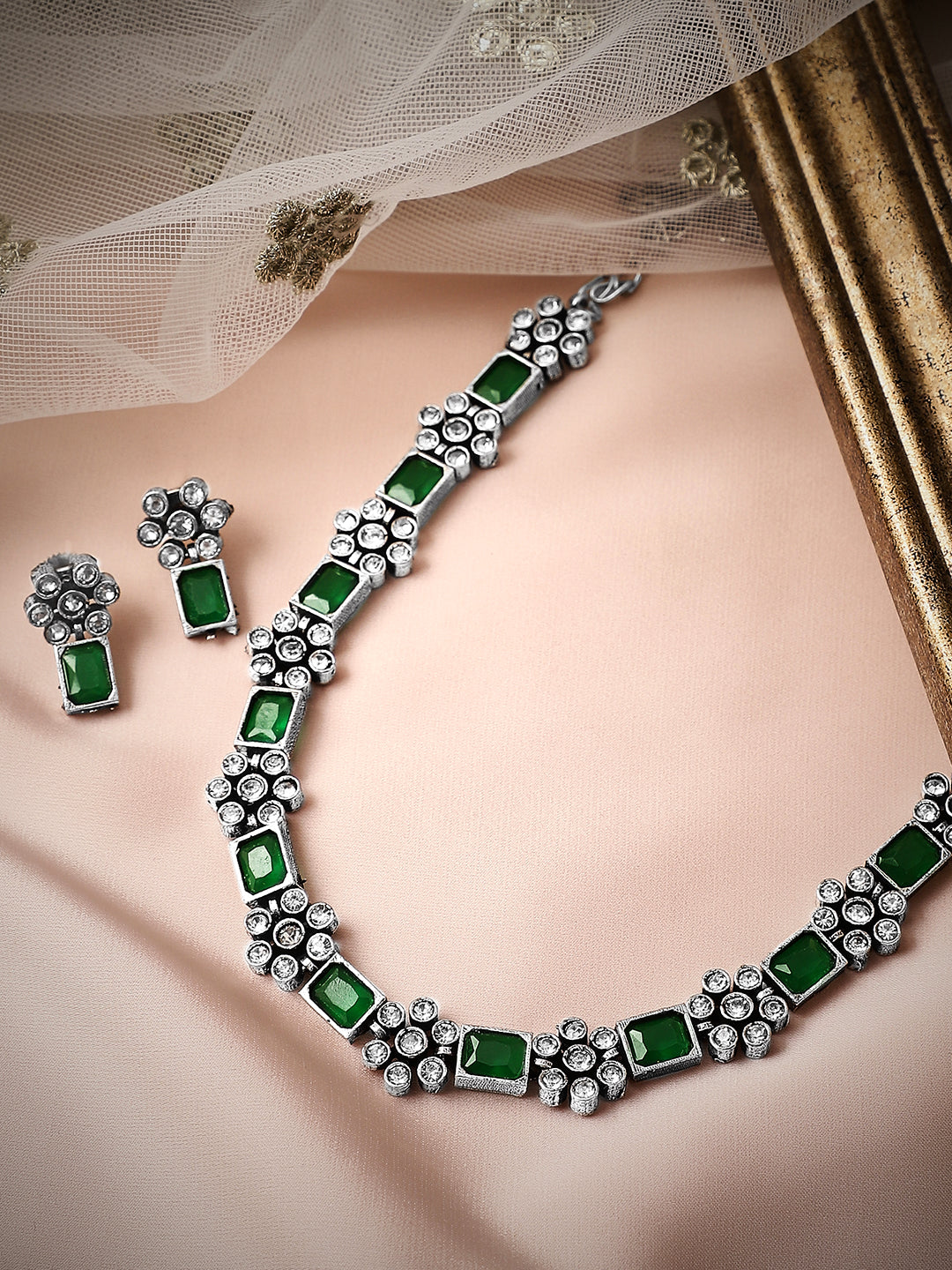 Wentra Oxidised Silver Plated Handcrafted Green Stone Floral Necklace Set
