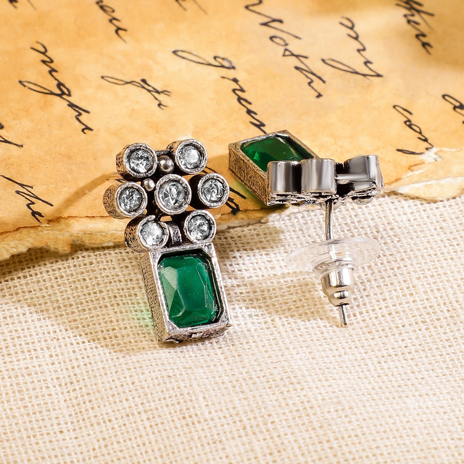 Wentra Oxidised Silver Plated Handcrafted Green Stone Floral Necklace Set