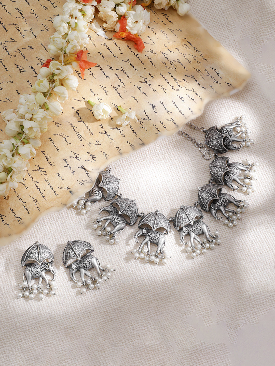 Elephant Motif Oxidised Pearl Drop Necklace Set