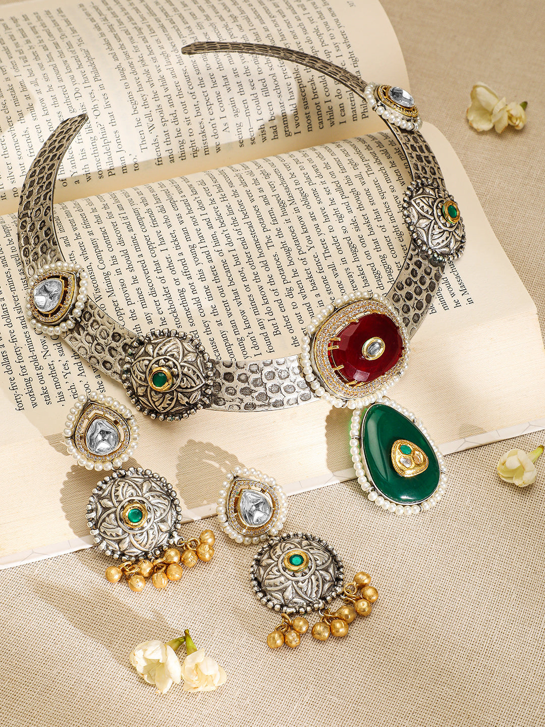 Ruby & Emerald Oxidized Choker Set