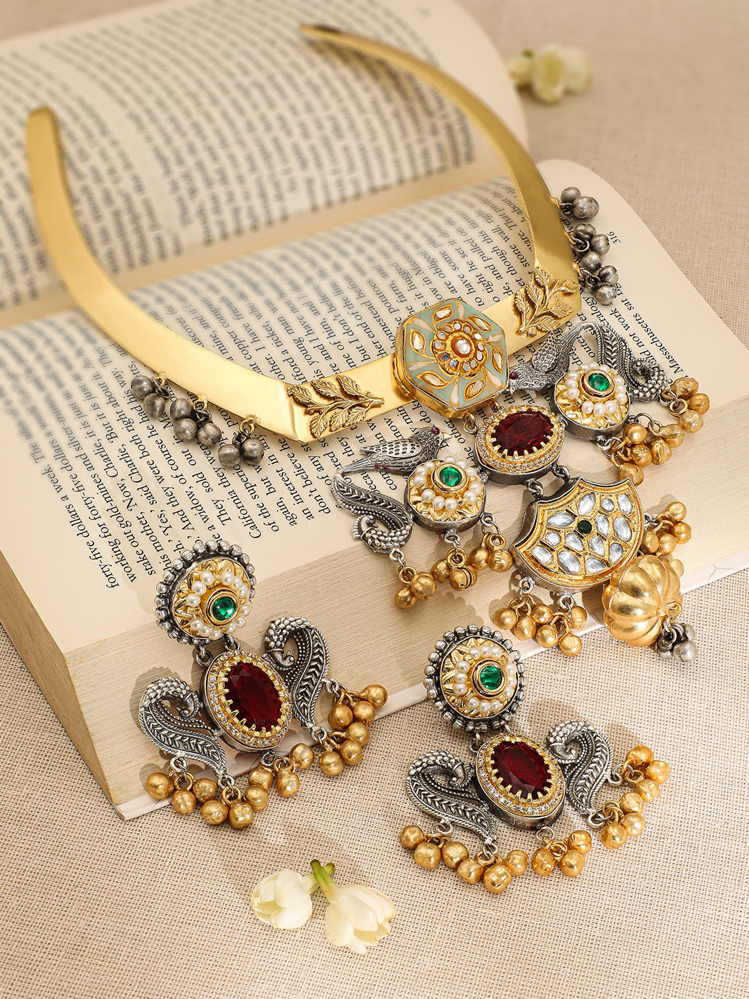 Gold Drops Bird Motif Multicolor Necklace Set