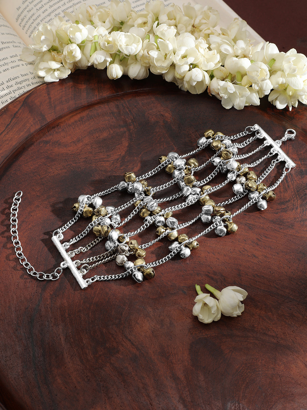 Wentra Oxidised Silver-Plated Multi-Layered Chain Bracelet with Golden & Silver Bells