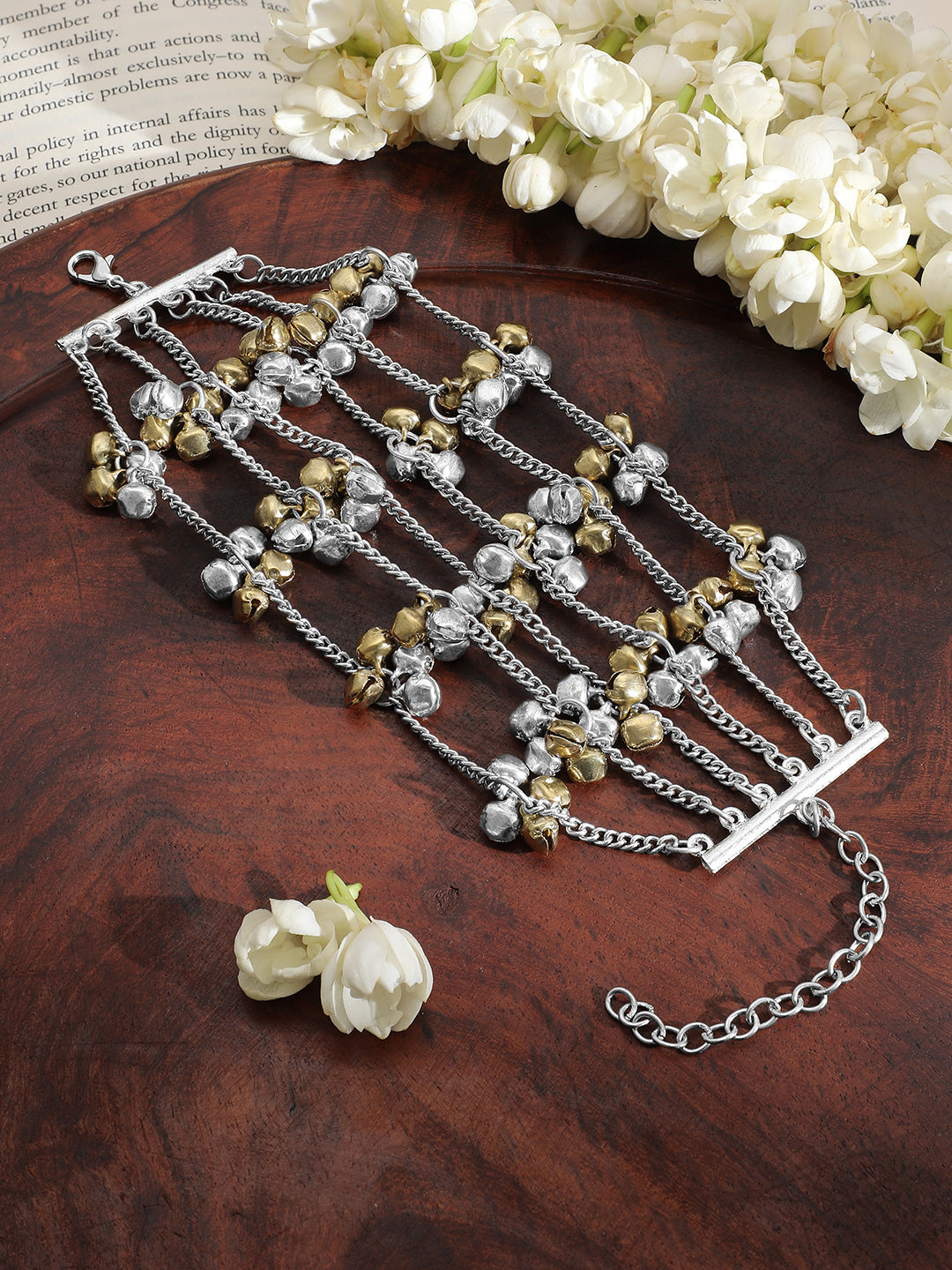 Wentra Oxidised Silver-Plated Multi-Layered Chain Bracelet with Golden & Silver Bells