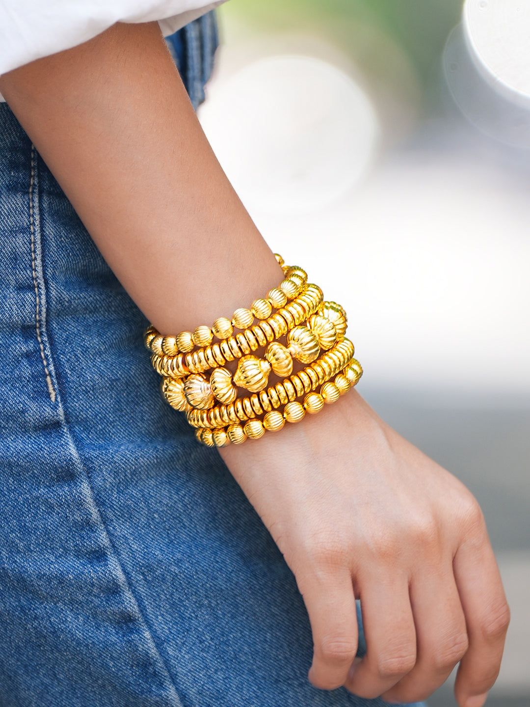 Wentra 18K Gold-Plated Textured Golden Beaded Statement Bracelet for Women