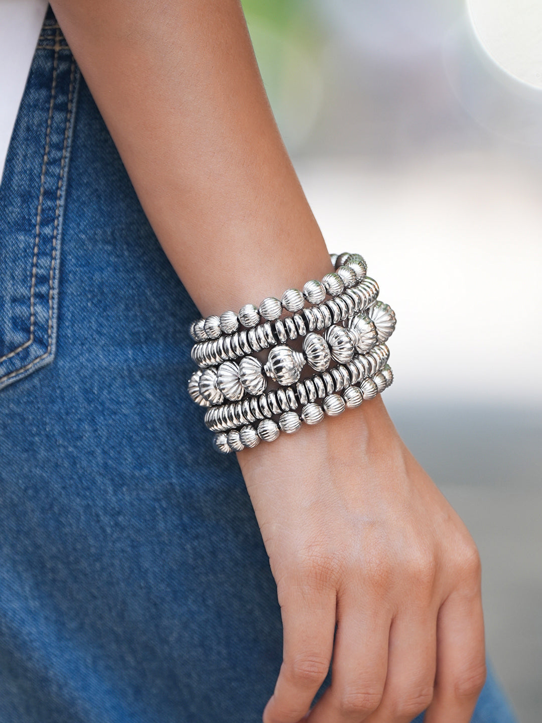 Wentra Silver-Plated Textured Beaded Statement Bracelet for Women
