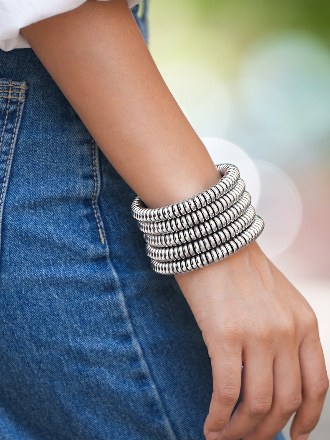 Wentra Silver-Plated Glossy Silver Beaded Multi-Layered Coiled Bracelet for Women
