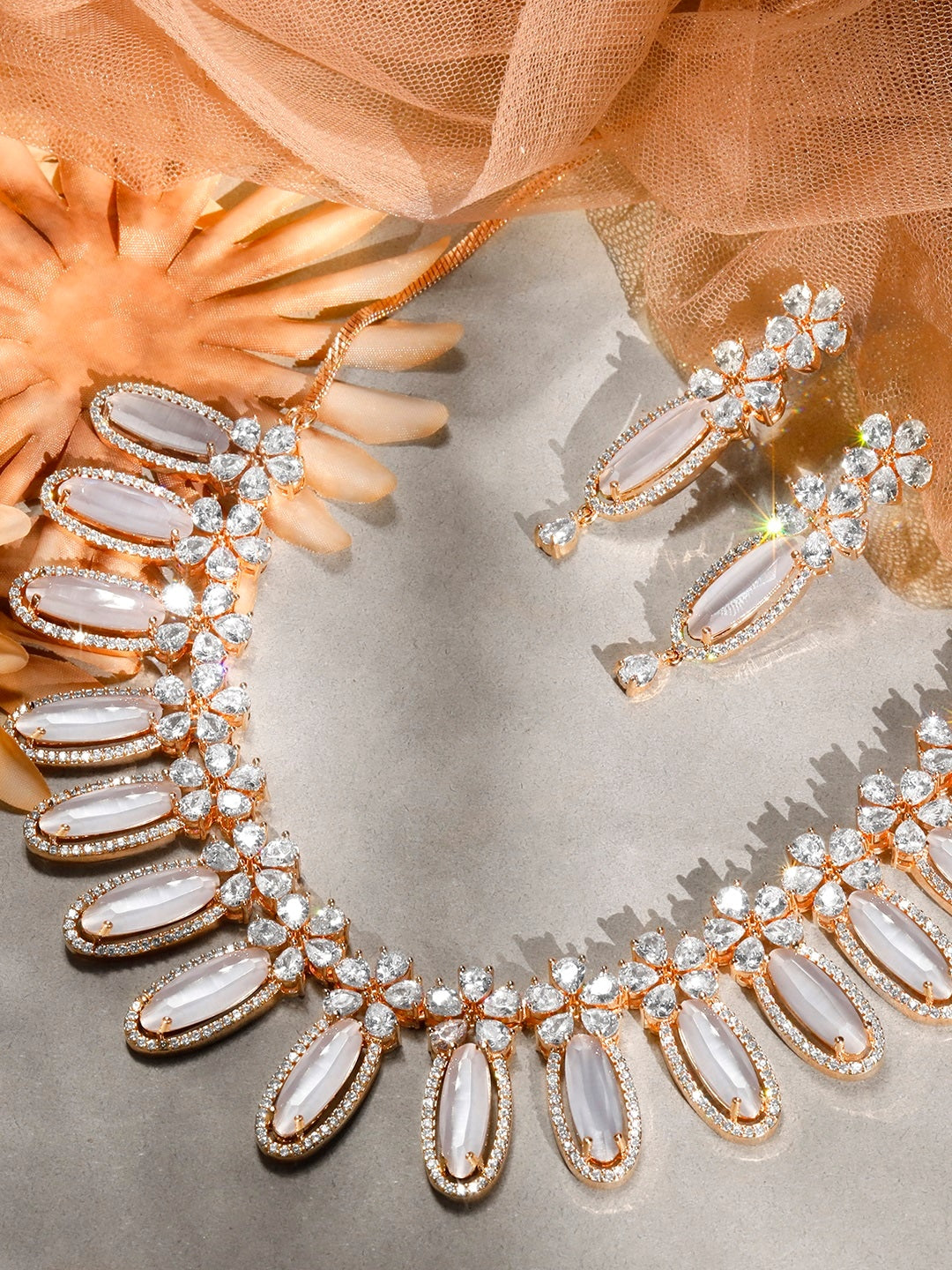 Wentra Rose Gold Plated White Beads American Diamond Necklace Set.