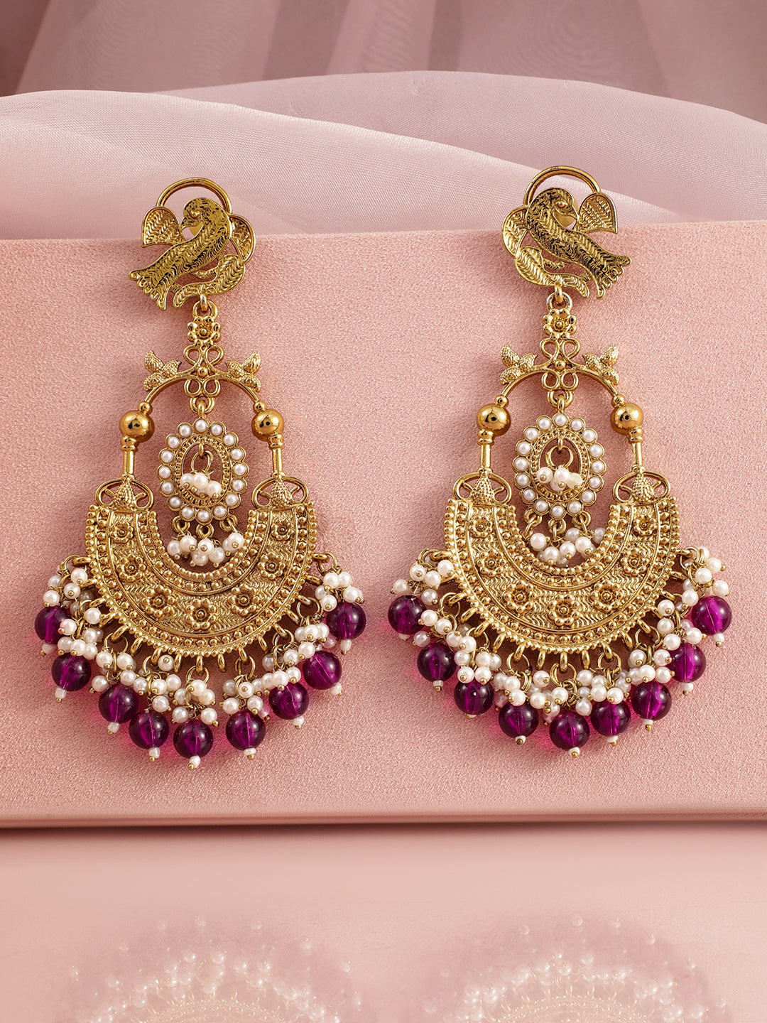 Wentra 18K Gold-Plated Large Chandbali Earrings with Pearl Beaded Accents