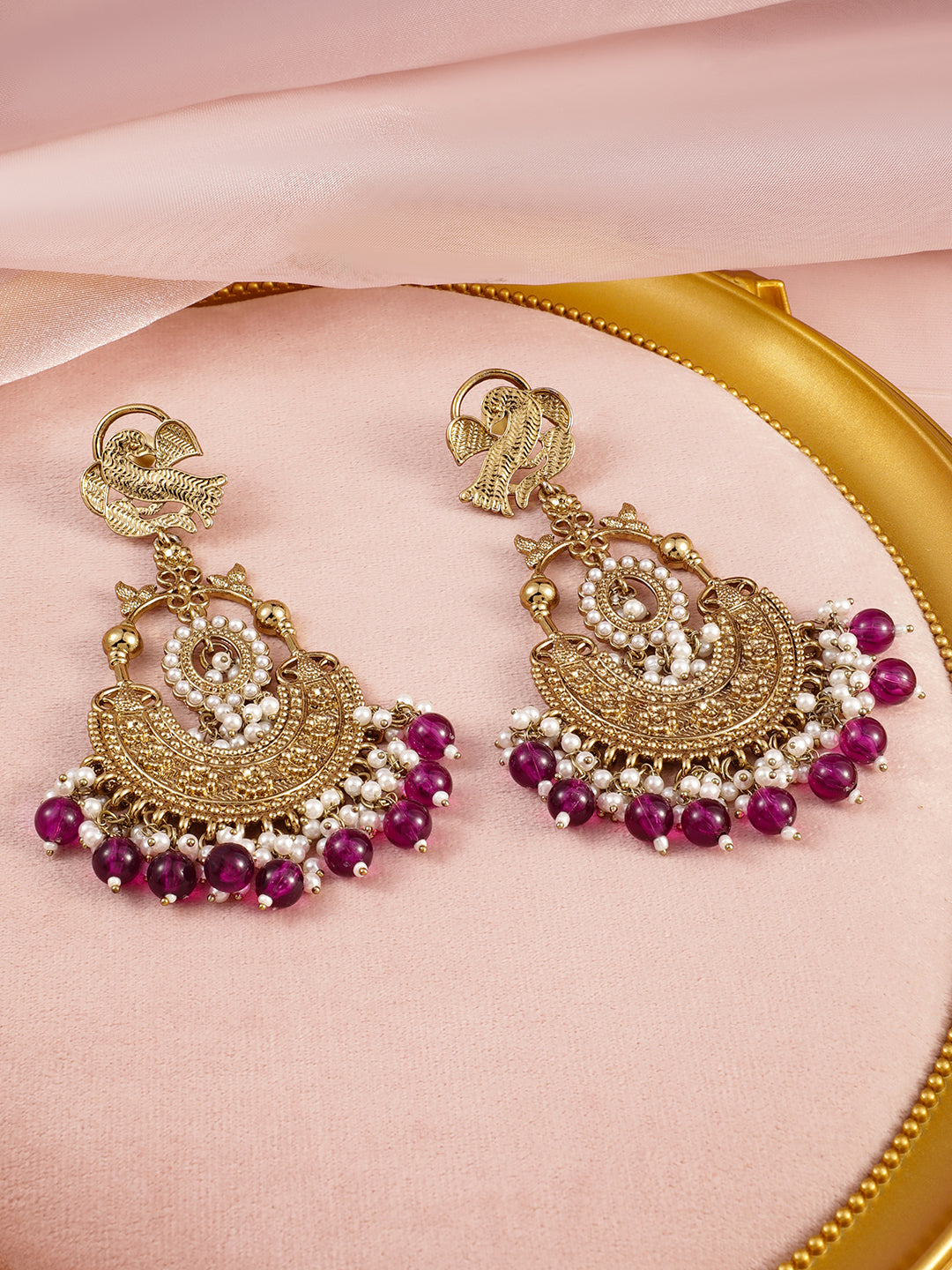 Wentra 18K Gold-Plated Large Chandbali Earrings with Pearl Beaded Accents