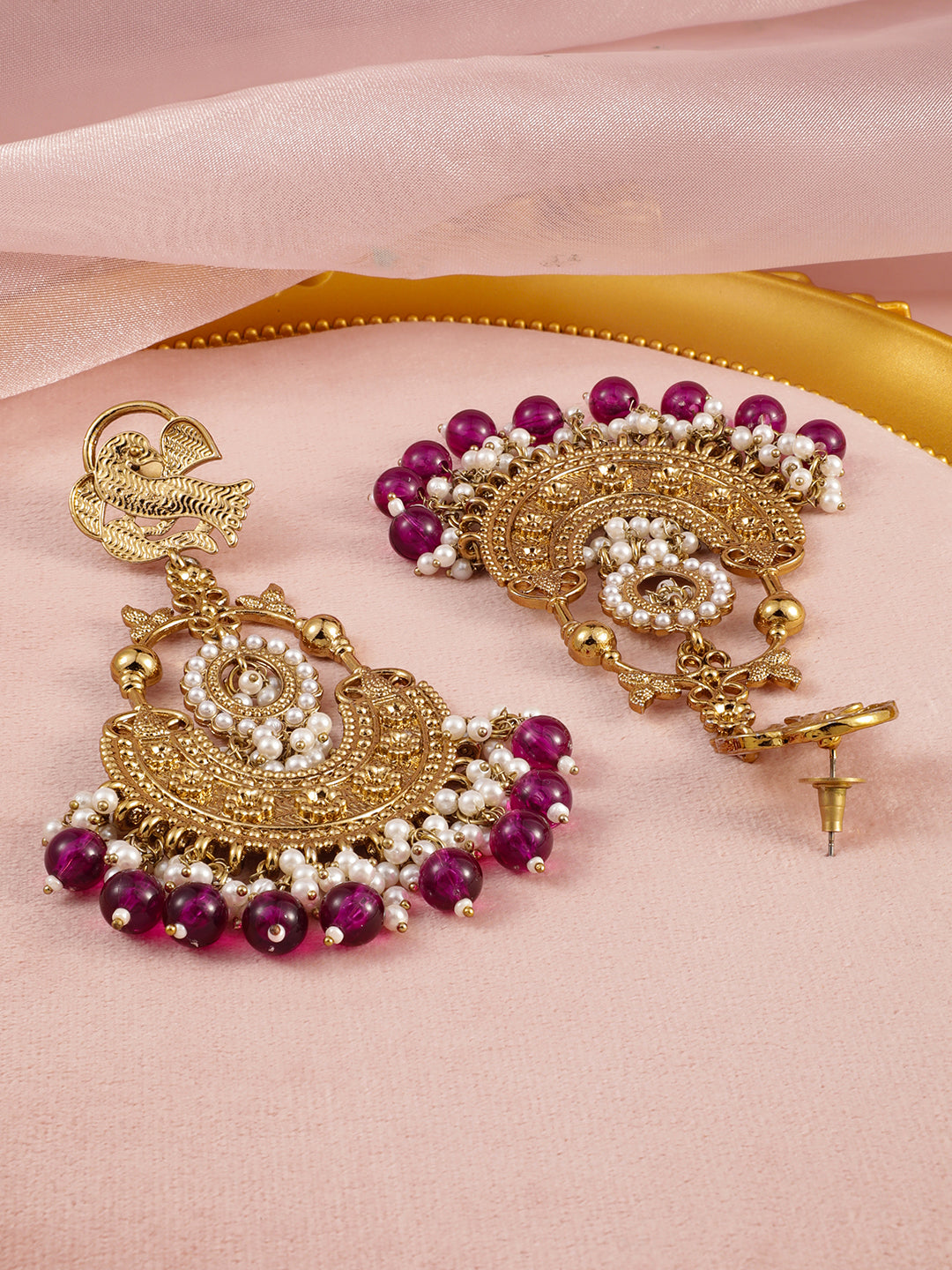 Wentra 18K Gold-Plated Large Chandbali Earrings with Pearl Beaded Accents