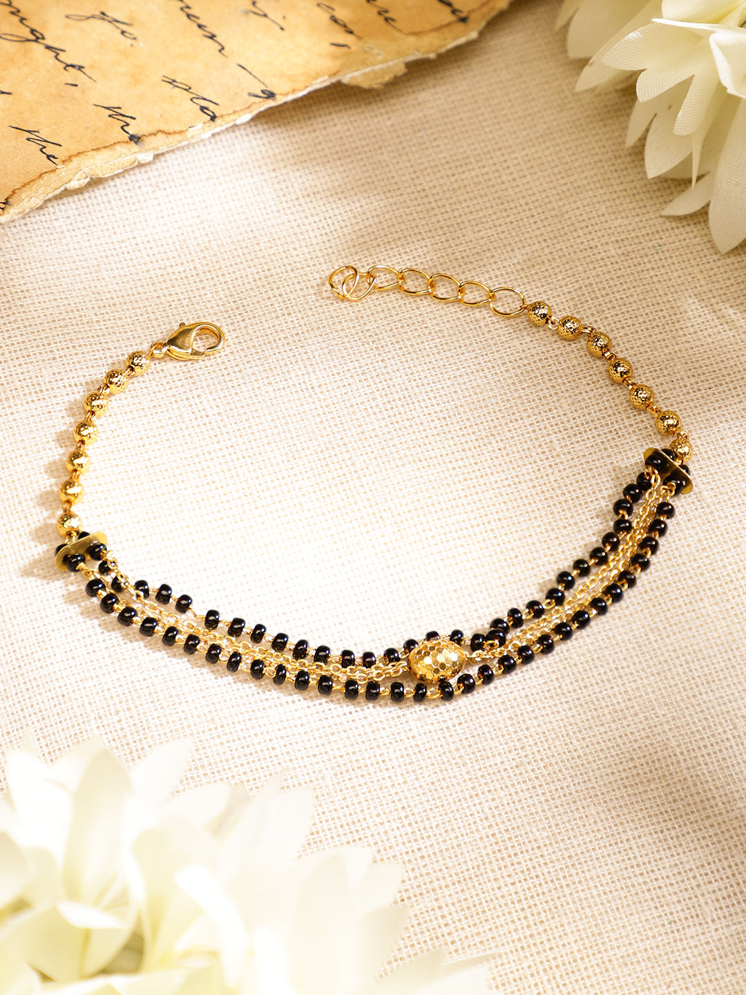 Wentra 18K Gold-Plated Black Beaded & Golden Chain Mangalsutra Bracelet for Women