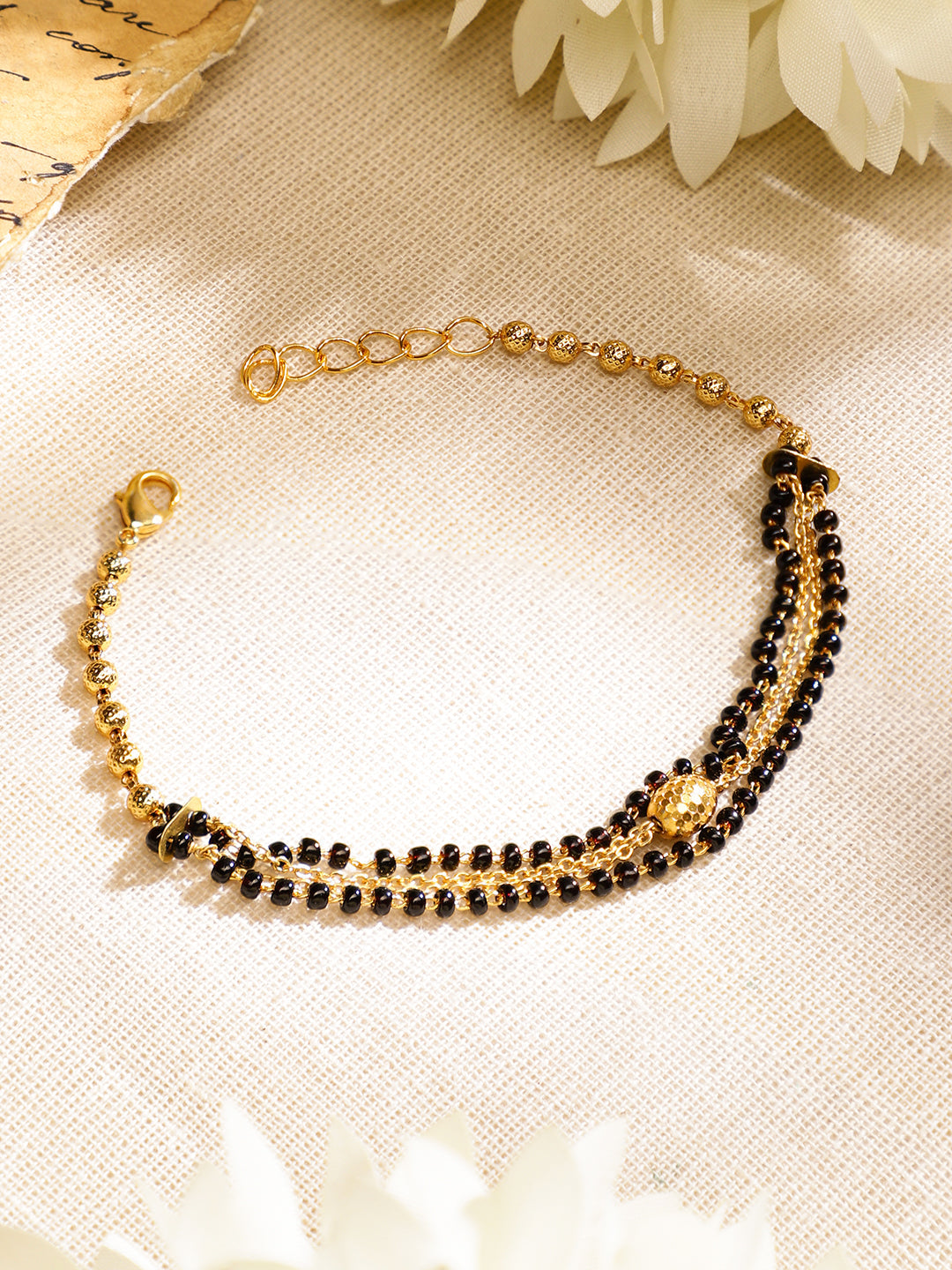 Wentra 18K Gold-Plated Black Beaded & Golden Chain Mangalsutra Bracelet for Women