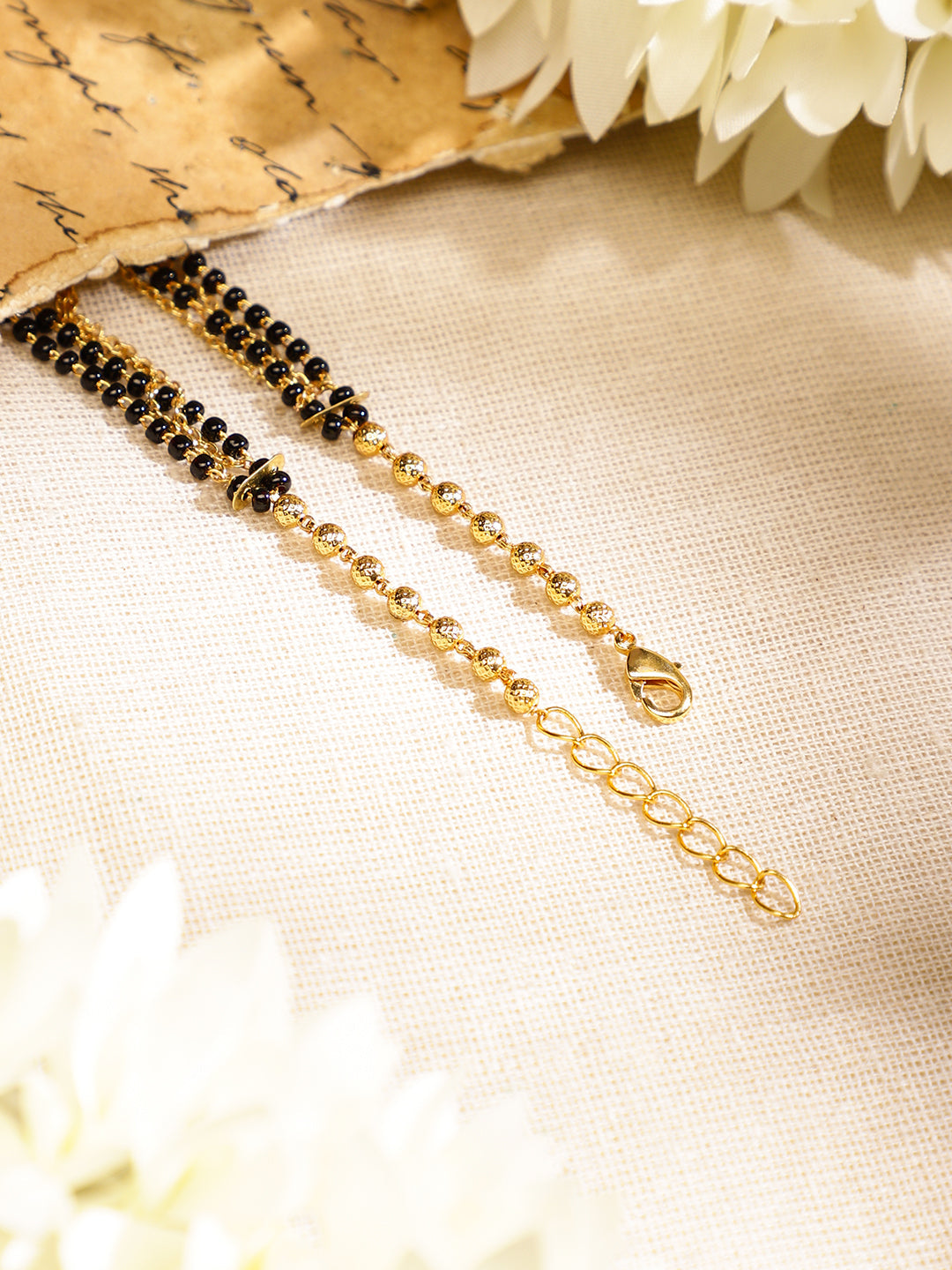 Wentra 18K Gold-Plated Black Beaded & Golden Chain Mangalsutra Bracelet for Women