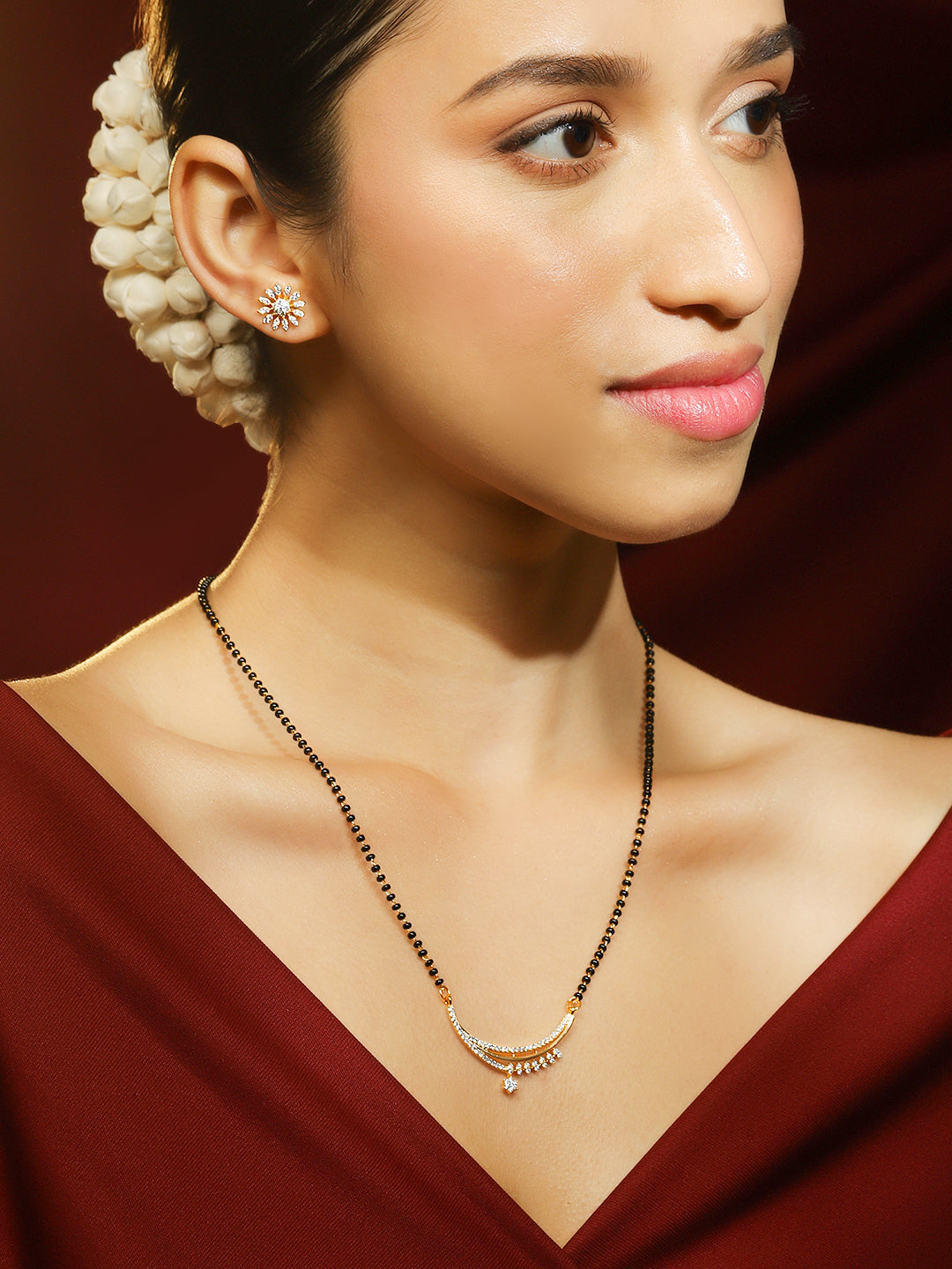 American Diamond Zirconia Mangalsutra With Floral Studs
