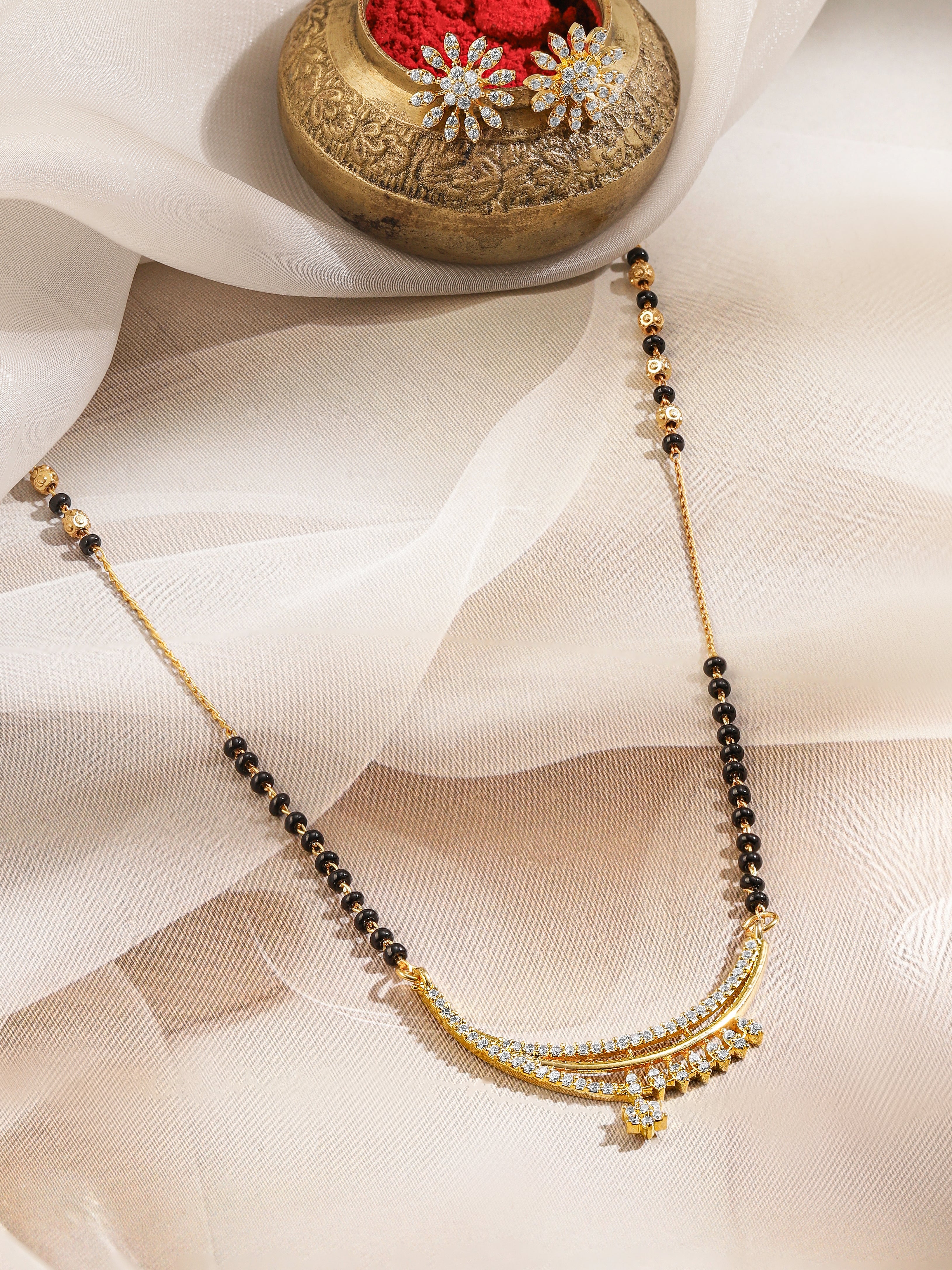 American Diamond Zirconia Mangalsutra With Floral Studs