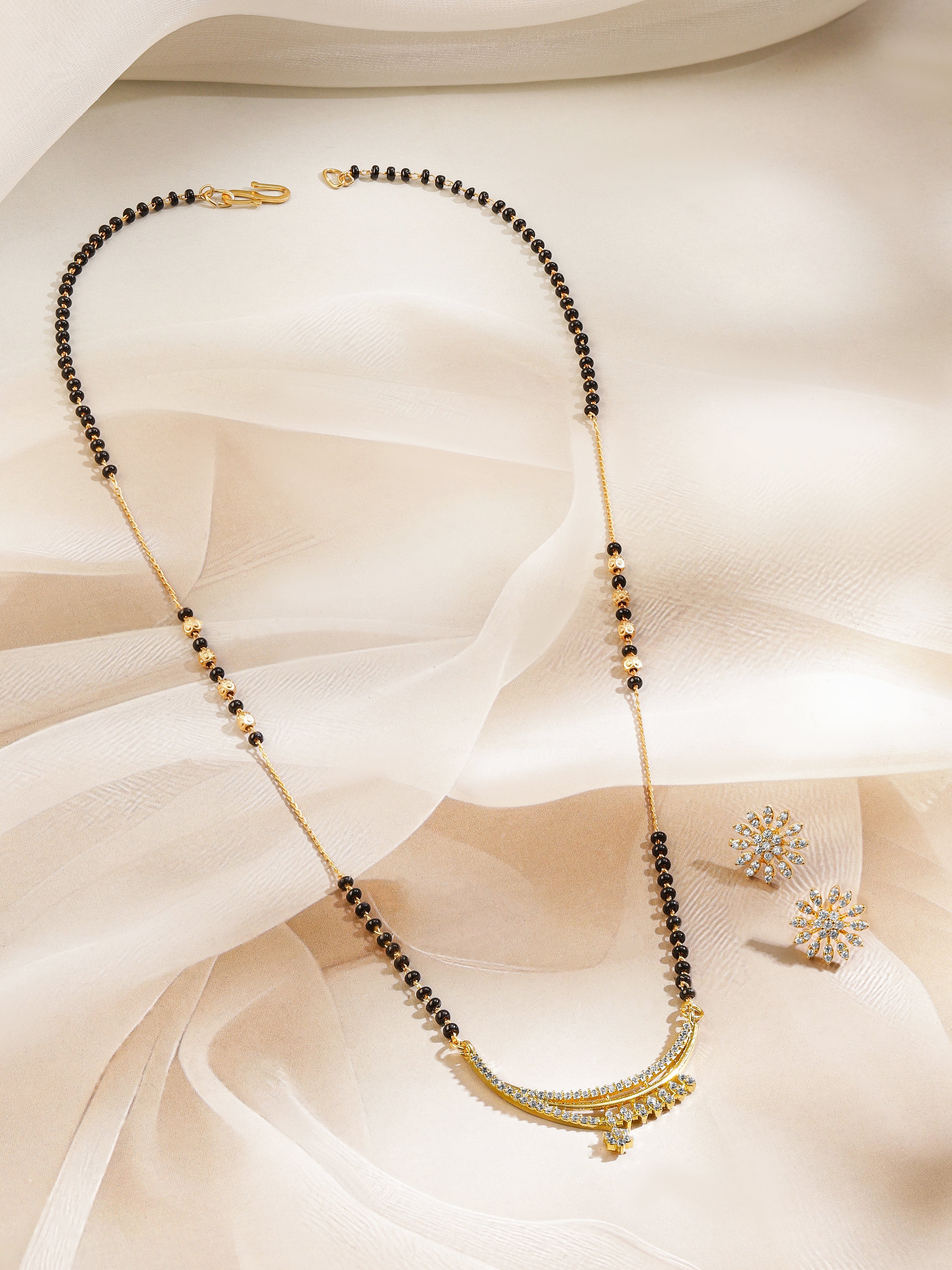 American Diamond Zirconia Mangalsutra With Floral Studs