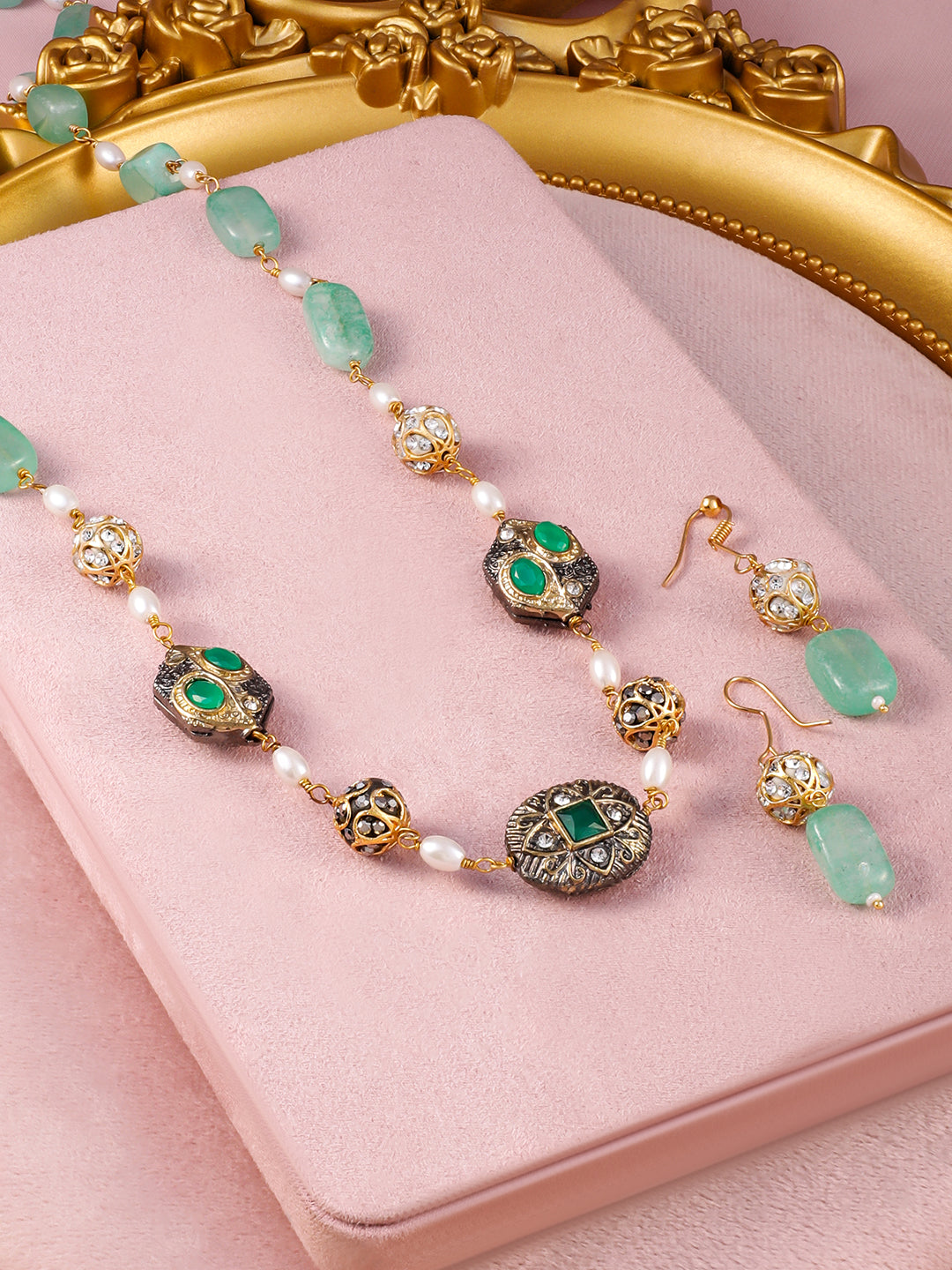 Green Beaded Long Necklace Set