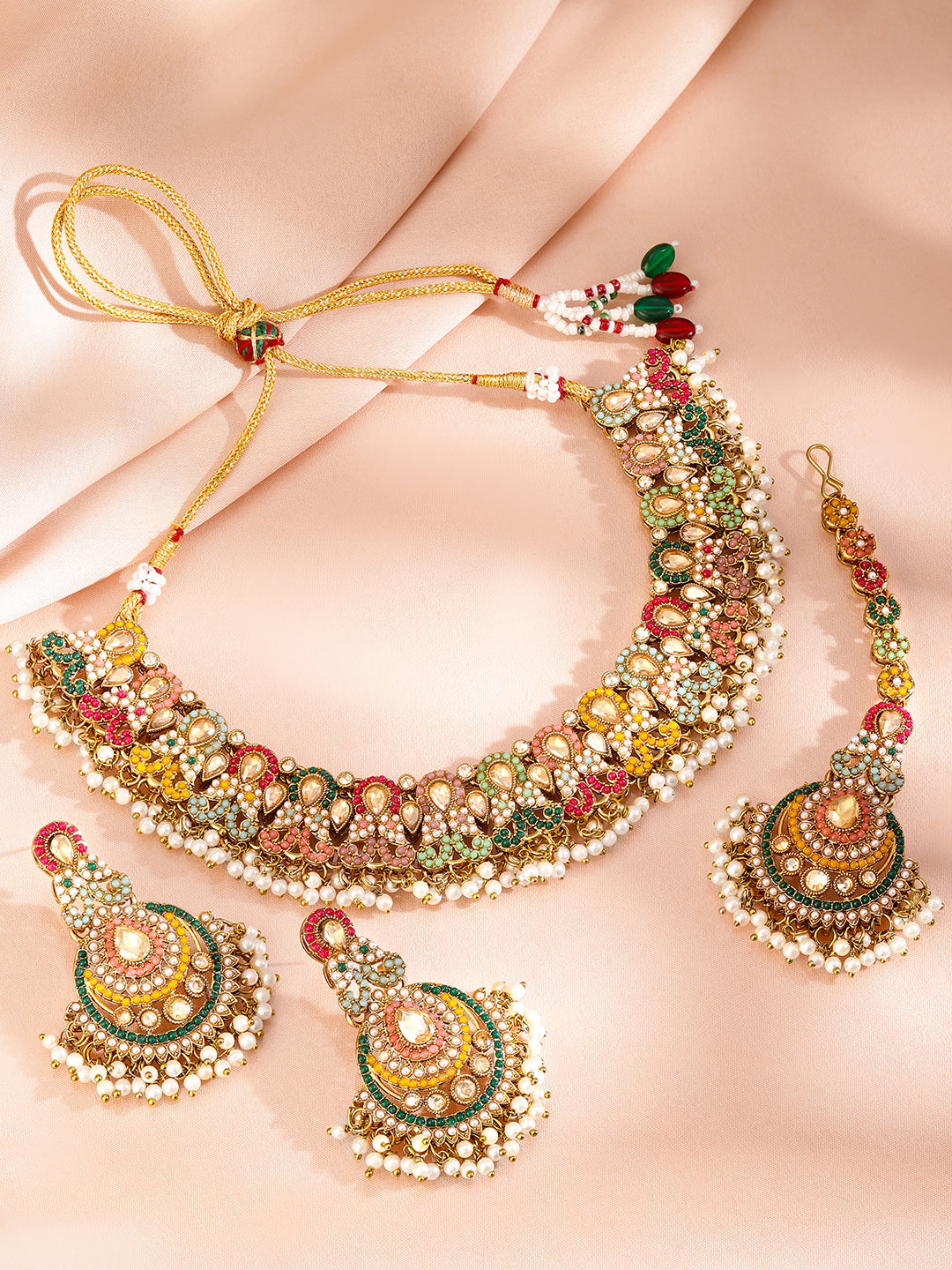 Multicolor studded Jewellery Set With Pearl Drops