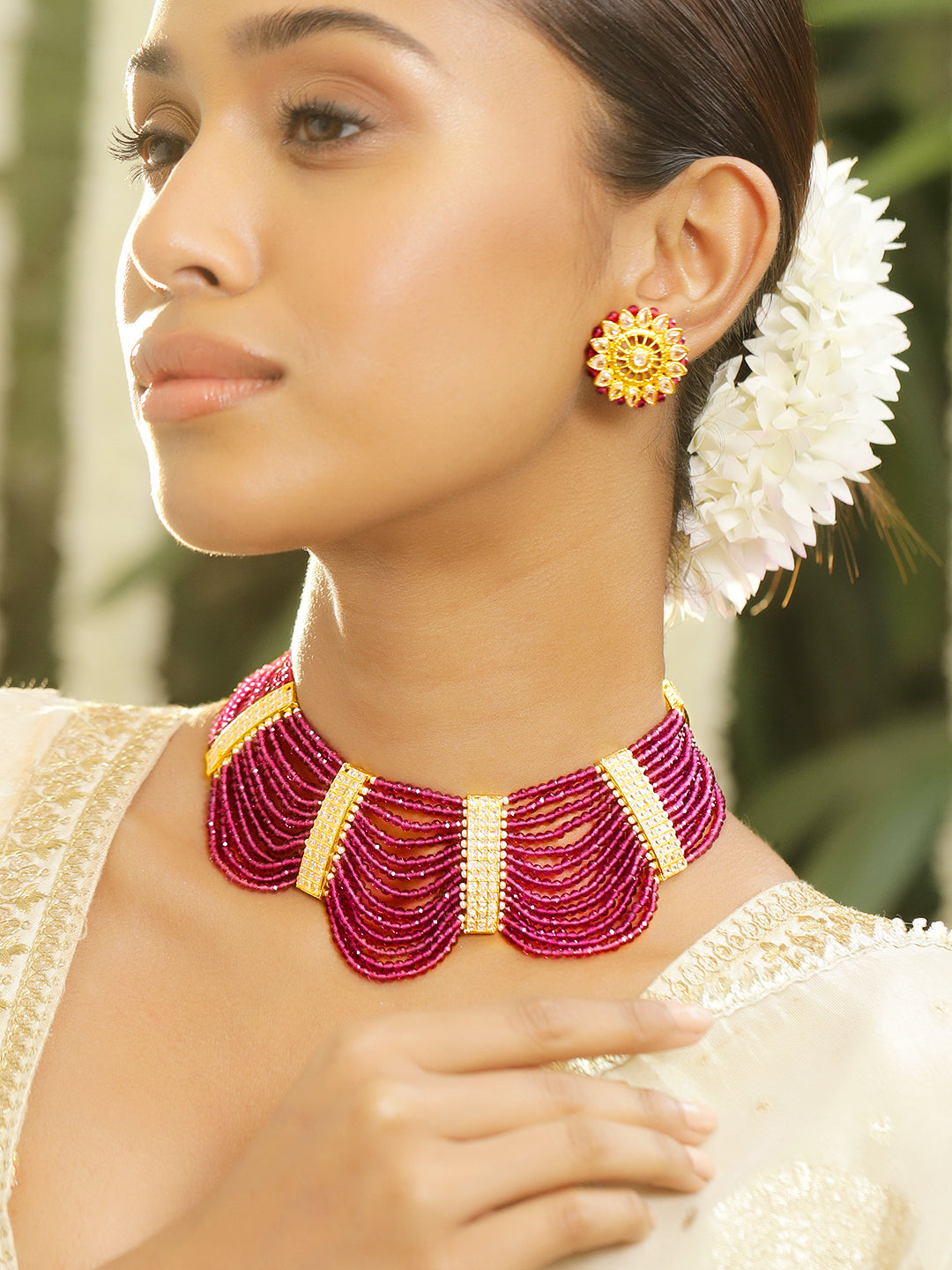 American Diamond Zirconia Pink Beads Necklace Set