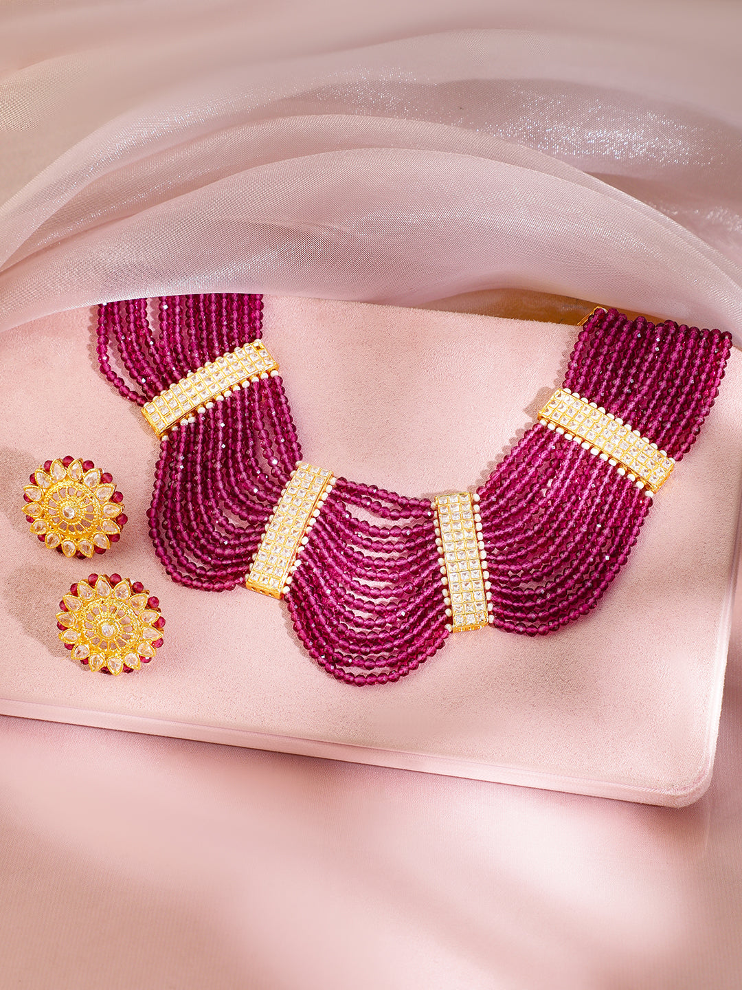 American Diamond Zirconia Pink Beads Necklace Set