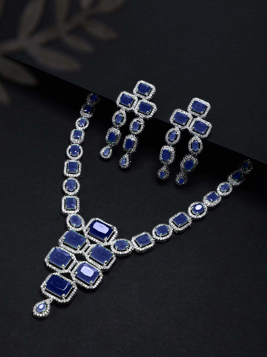 Wentra Rhodium Plated Blue Sapphire & CubicZirconia Studded Premium Statement Necklace Set
