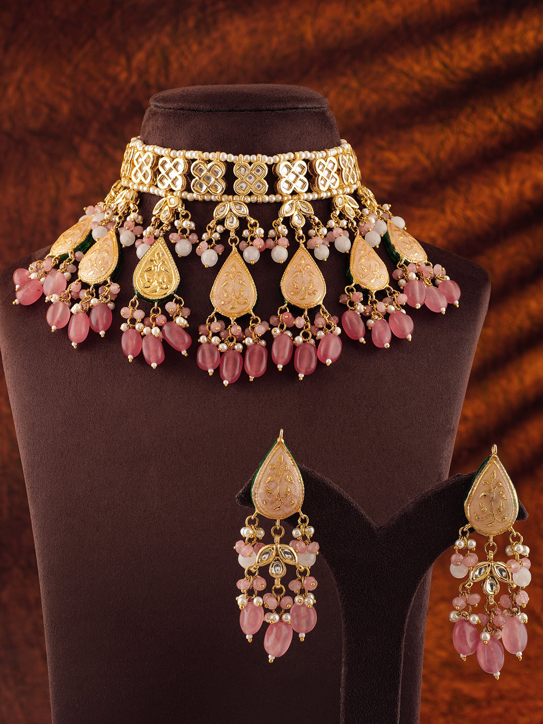 Wentra Luxury 24K Gold Plated Handcrafted Pink Enamel & Pachi Kundan with Pearls Beaded Necklace Set