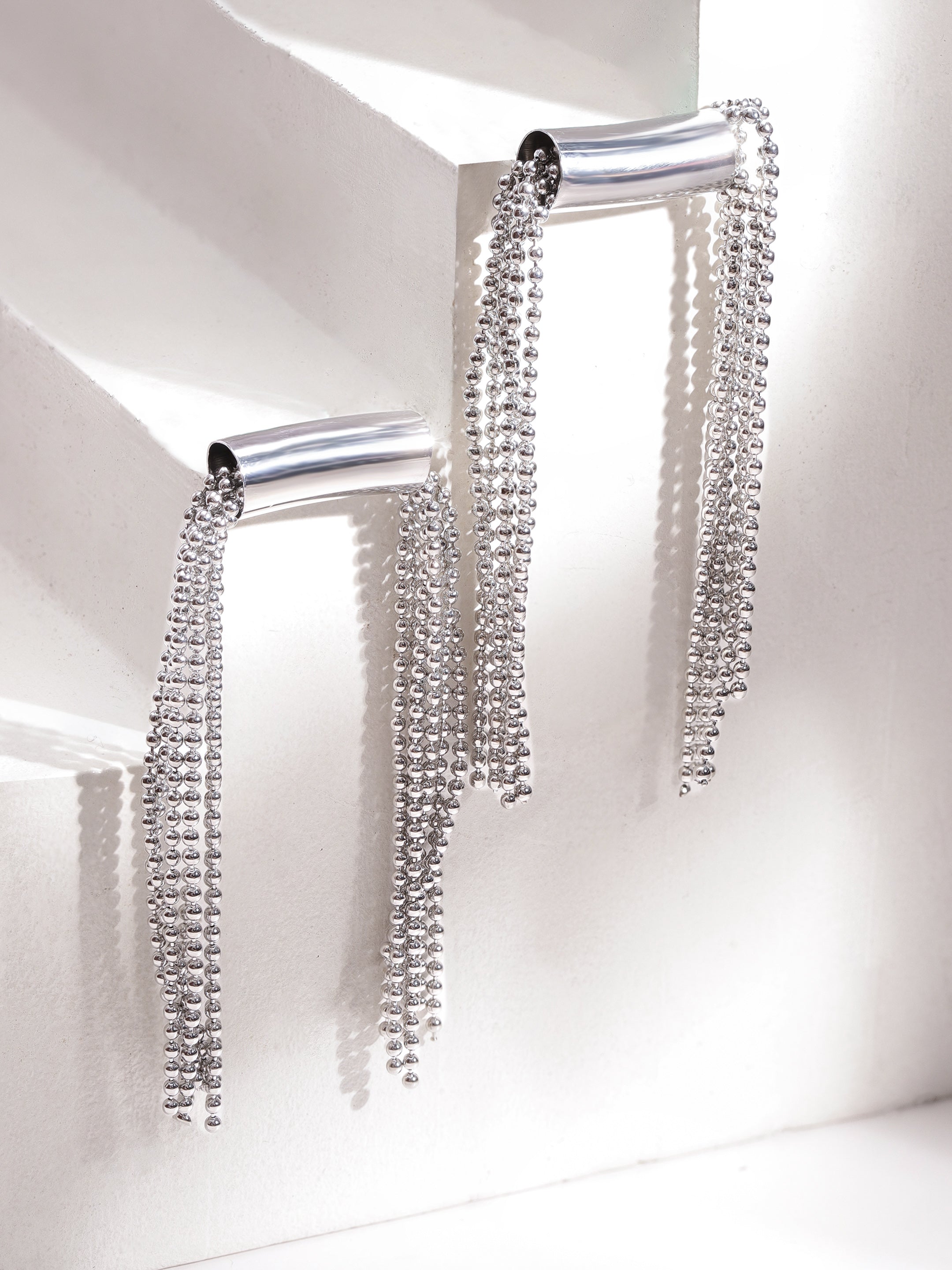Silver Toned Multi-Strand Beaded Dangler Earrings