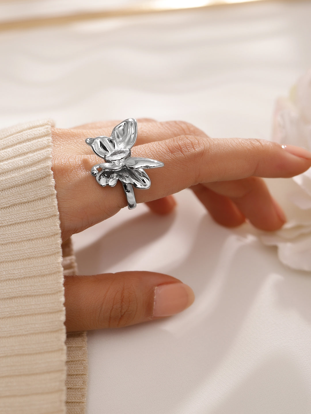 Wentra Voguish Rhodium-Plated Butterfly Design Statement Adjustable Ring
