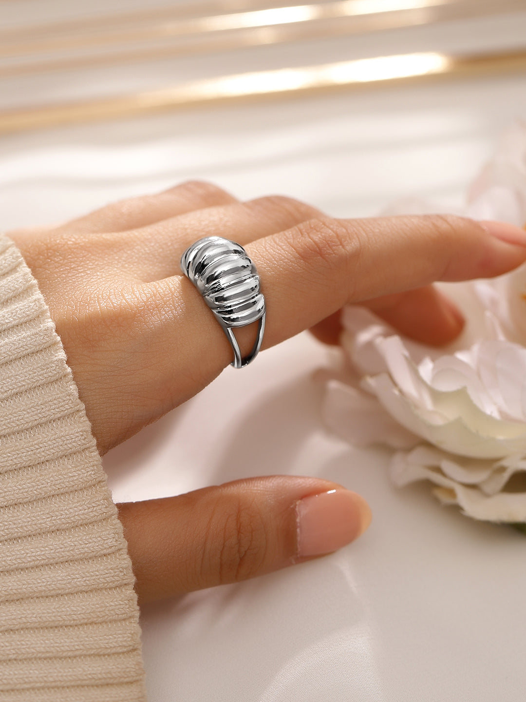Wentra Voguish Rhodium-Plated Textured Dome Adjustable Statement Ring