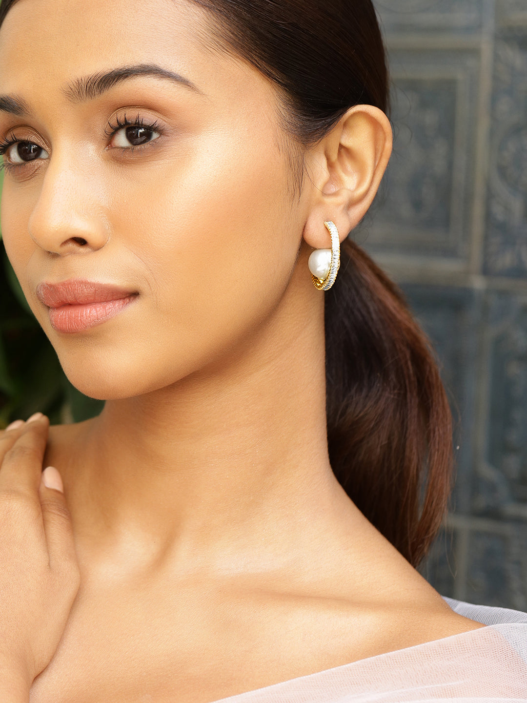 Adorned Pearl & American Diamond Zirconia Golden Hoops
