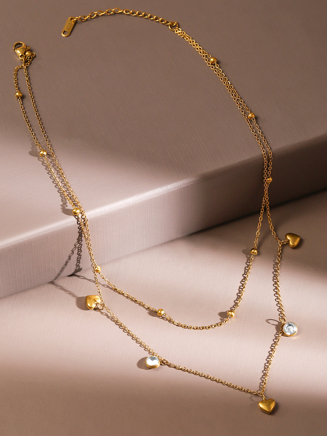 Gold Layered Necklace With Heart & Crystal Charms