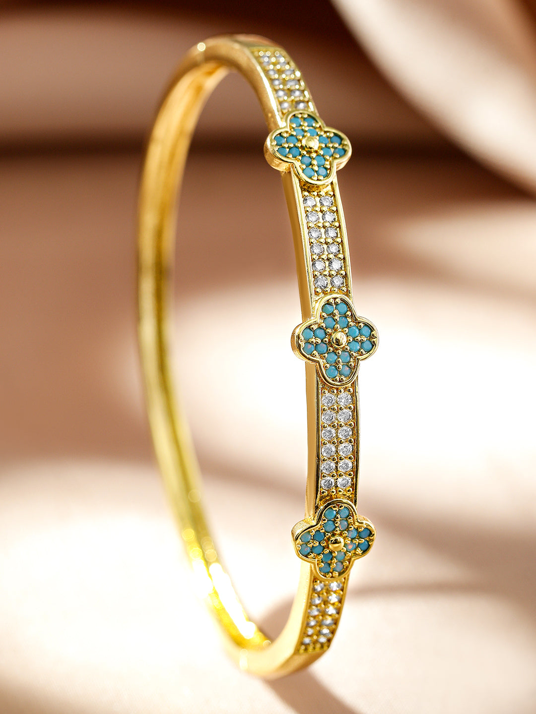 White And Blue Studded Floral Golden Bracelet