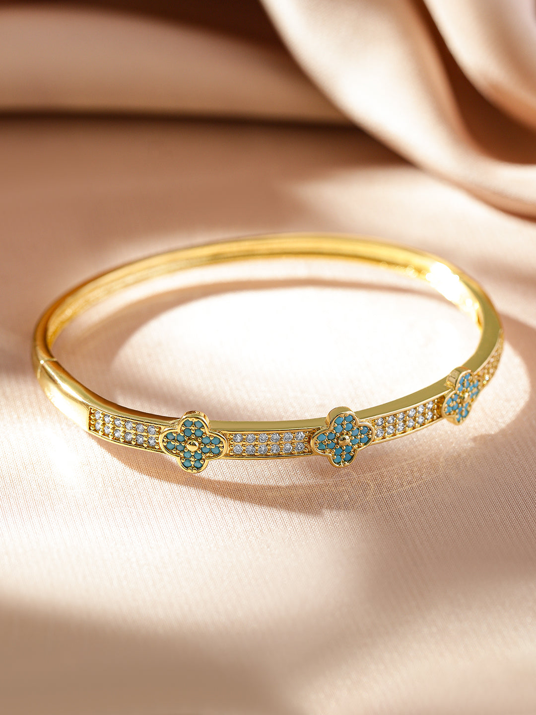 White And Blue Studded Floral Golden Bracelet