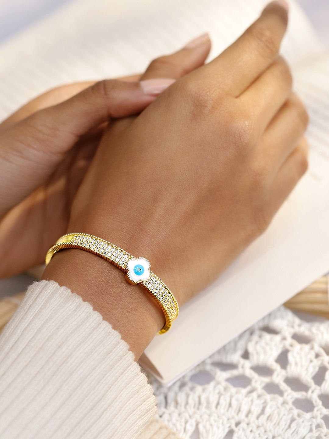 Wentra Voguish 22K Gold-Plated Evil Eye Cuff Bracelet with Cubic Zirconia Detailing